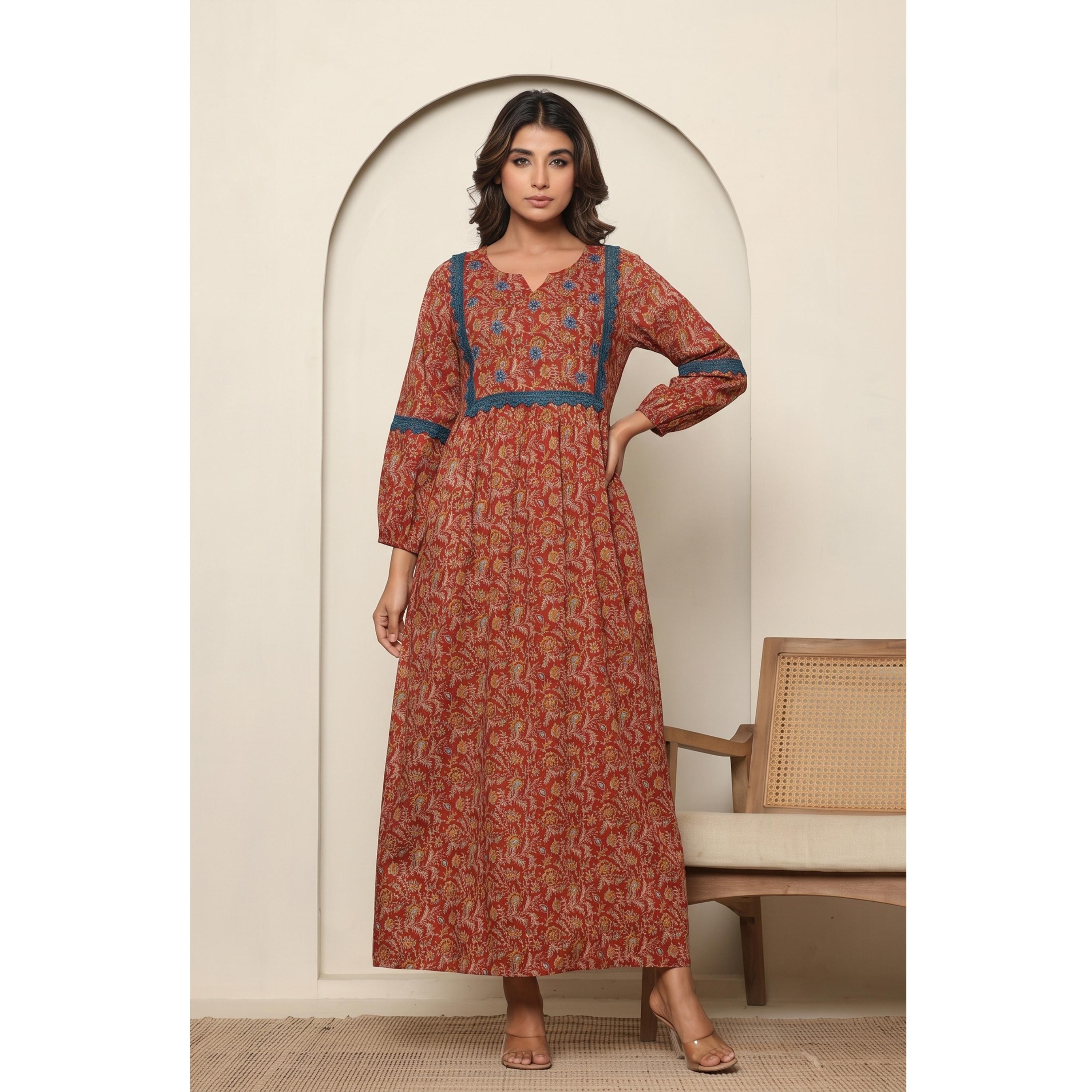 قميص نوم بأكمام طويلة وطبعة زهور صدئي-women-clothing-nightwear-nighties-image-1
