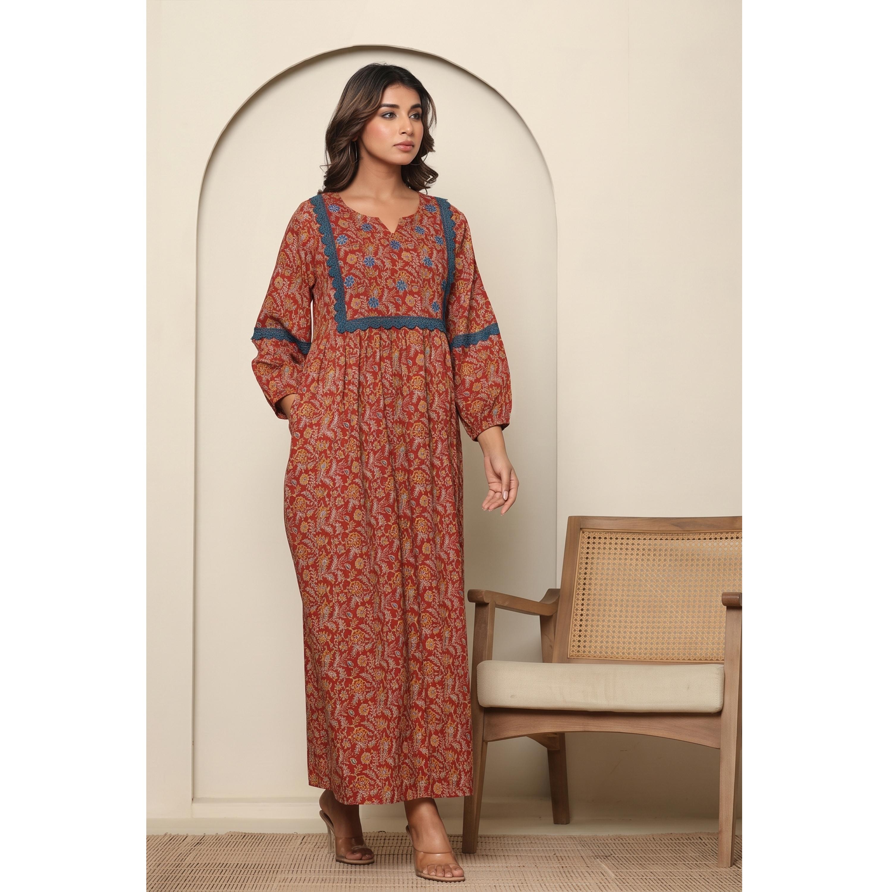 قميص نوم بأكمام طويلة وطبعة زهور صدئي-women-clothing-nightwear-nighties-image-2