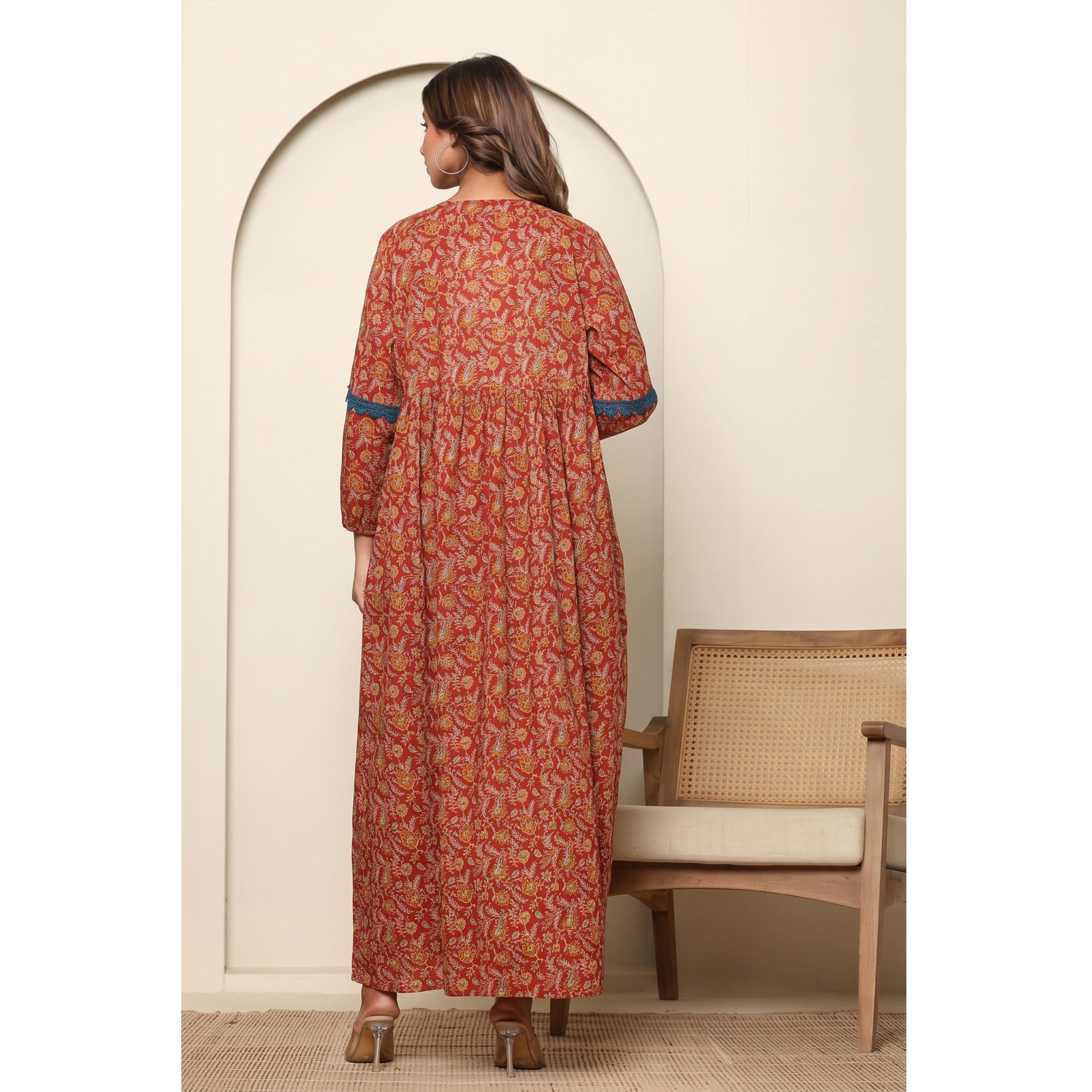 قميص نوم بأكمام طويلة وطبعة زهور صدئي-women-clothing-nightwear-nighties-image-4