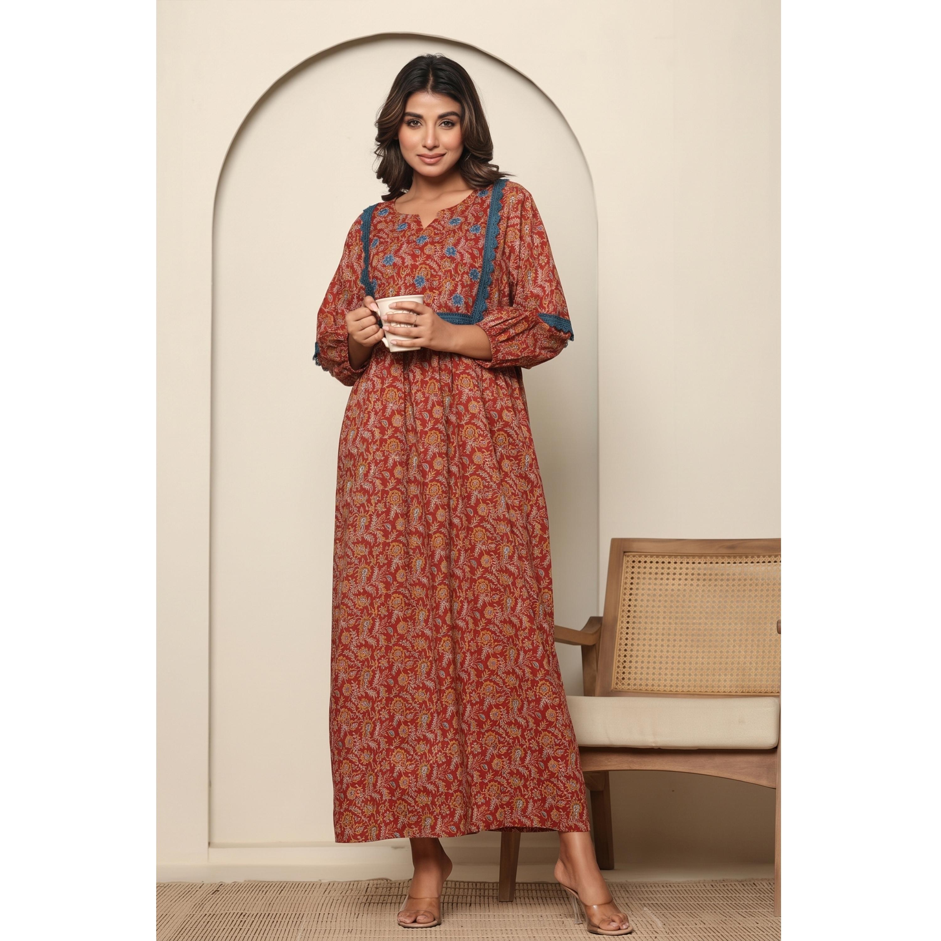 قميص نوم بأكمام طويلة وطبعة زهور صدئي-women-clothing-nightwear-nighties-image-5
