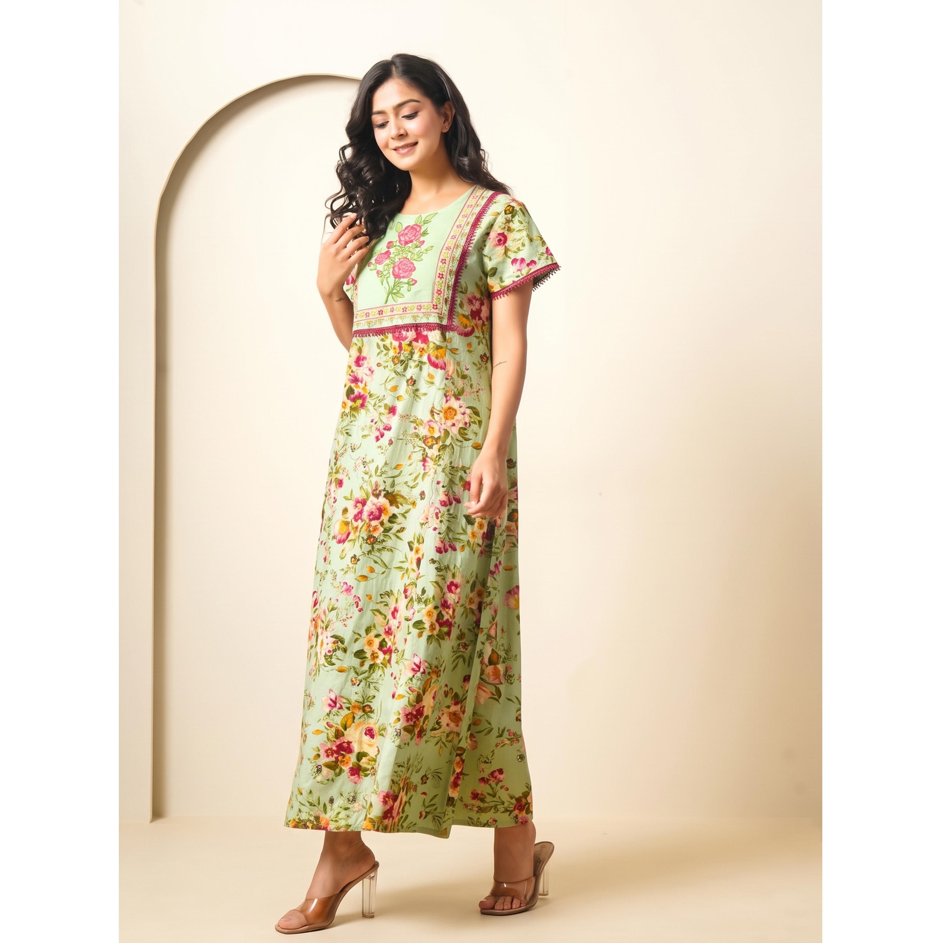 قميص نوم قطن بأكمام قصيرة ومطرز بأزهار-women-clothing-nightwear-nighties-image-2