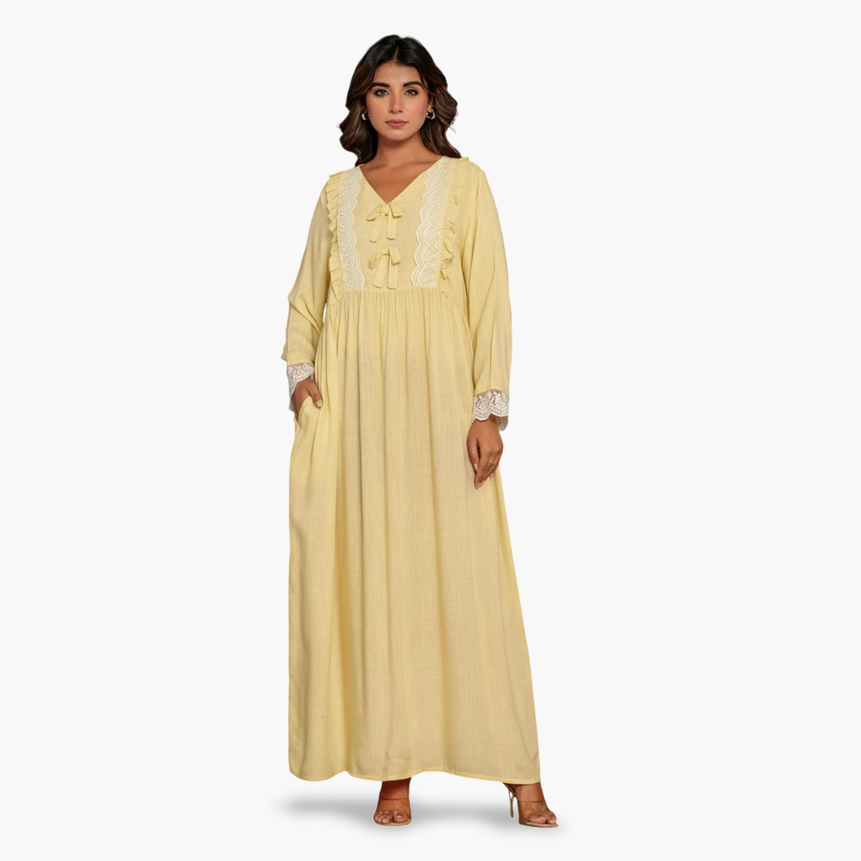 قميص نوم بأكمام طويلة وتفاصيل دانتيل فيسكوز أصفر-women-clothing-nightwear-nighties-image-2