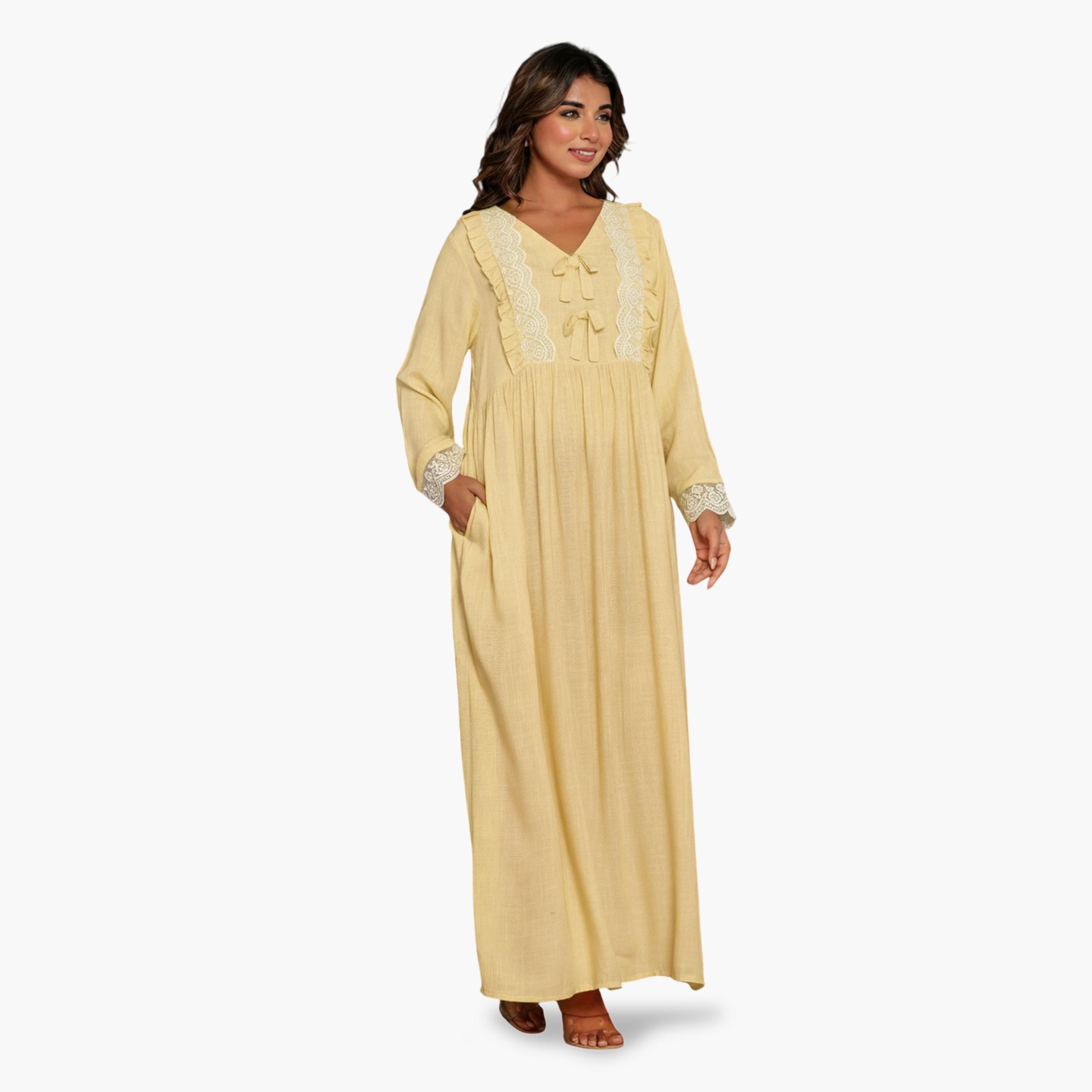قميص نوم بأكمام طويلة وتفاصيل دانتيل فيسكوز أصفر-women-clothing-nightwear-nighties-image-3