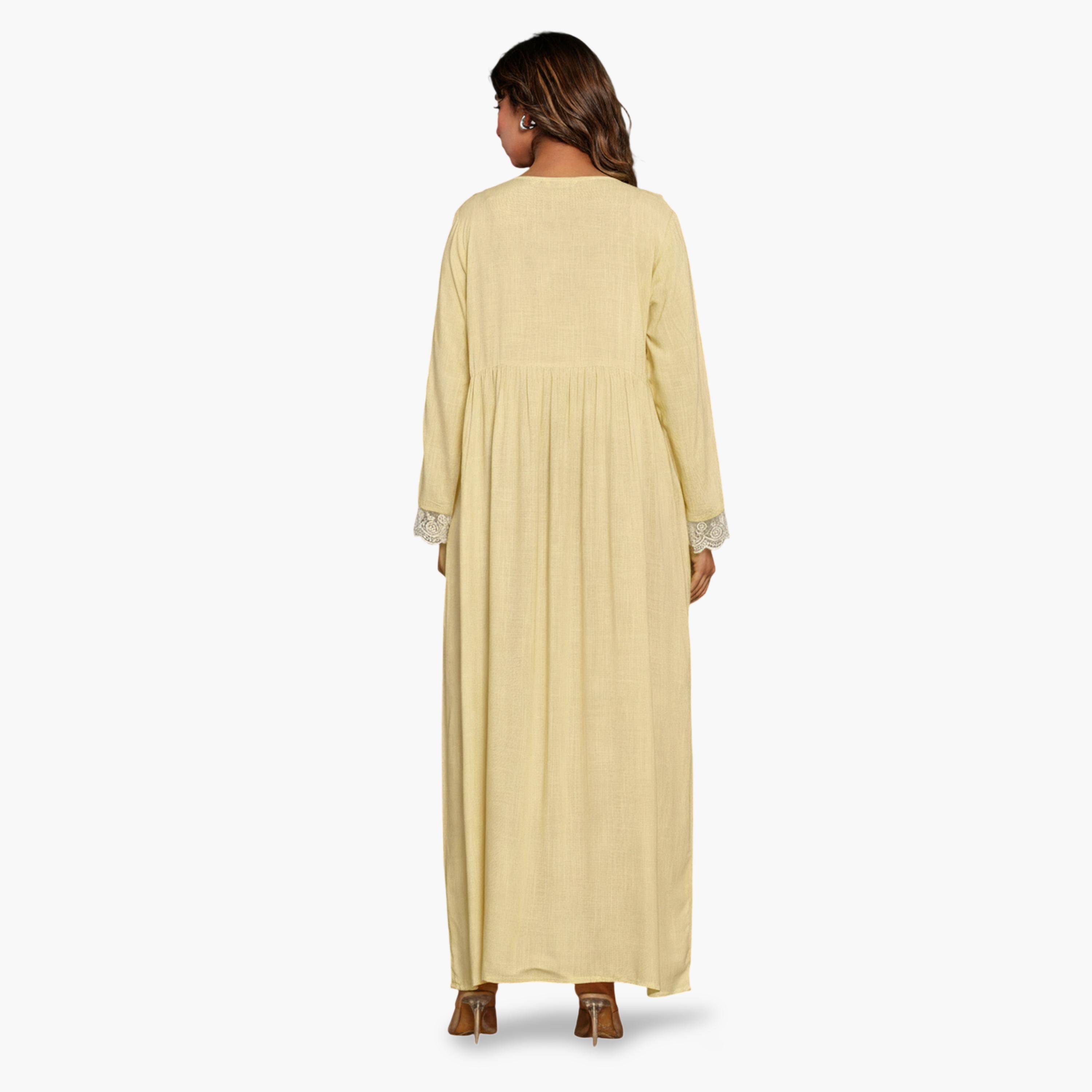 قميص نوم بأكمام طويلة وتفاصيل دانتيل فيسكوز أصفر-women-clothing-nightwear-nighties-image-5
