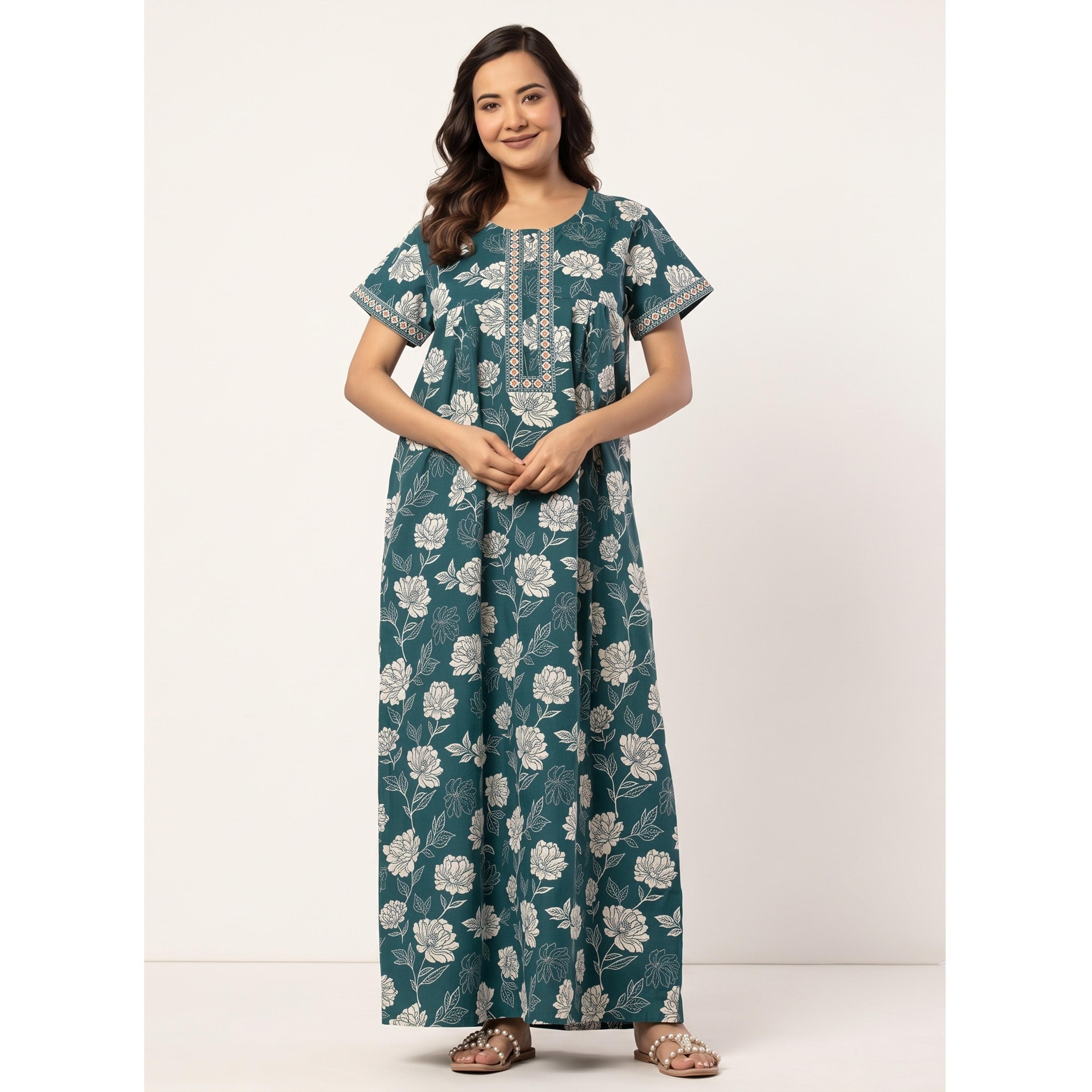 قميص نوم قطن بأكمام قصيرة وطبعة زهور تيل-women-clothing-nightwear-nighties-image-1