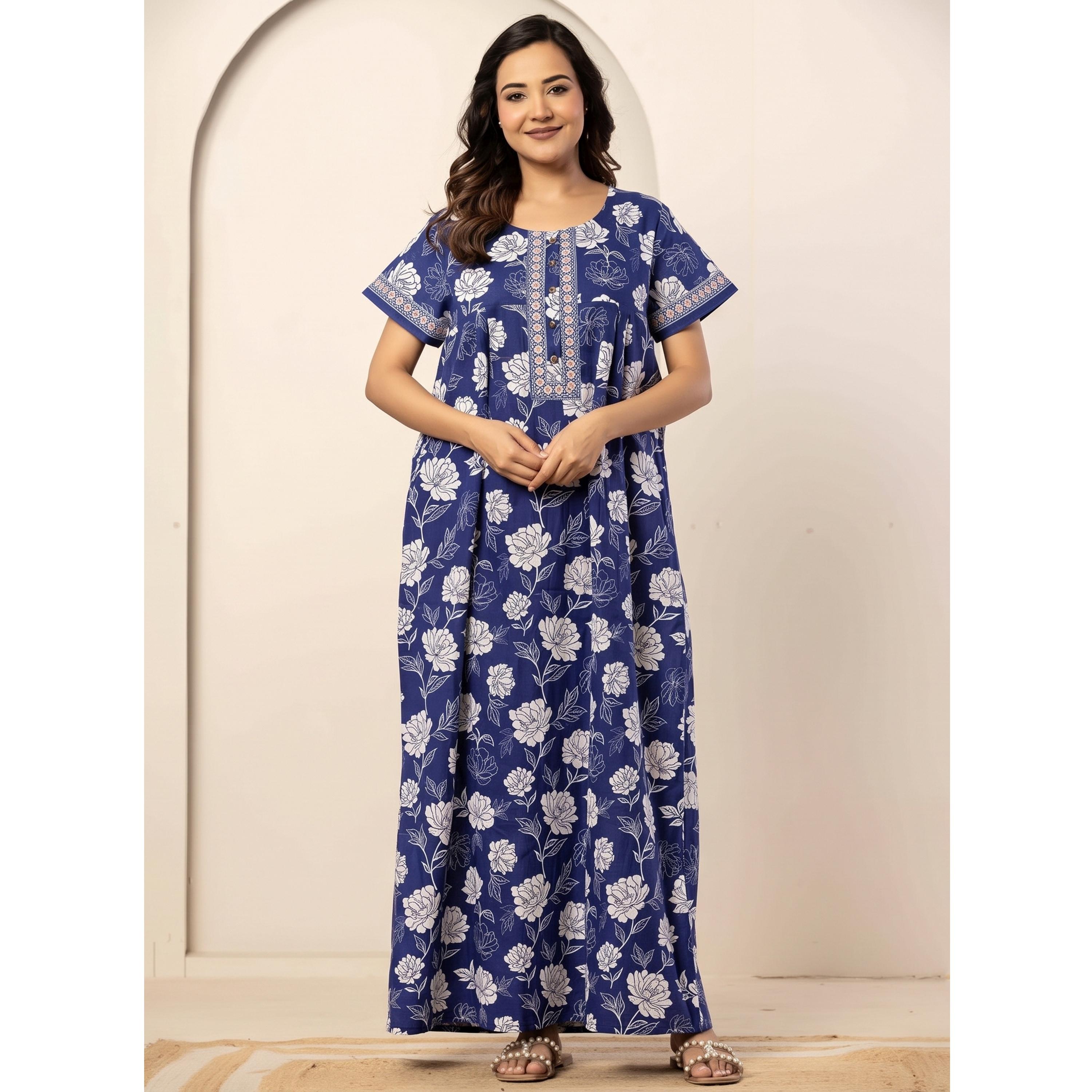 قميص نوم قطن بأكمام قصيرة وطبعة أزهار بلون أزرق-women-clothing-nightwear-nighties-image-1