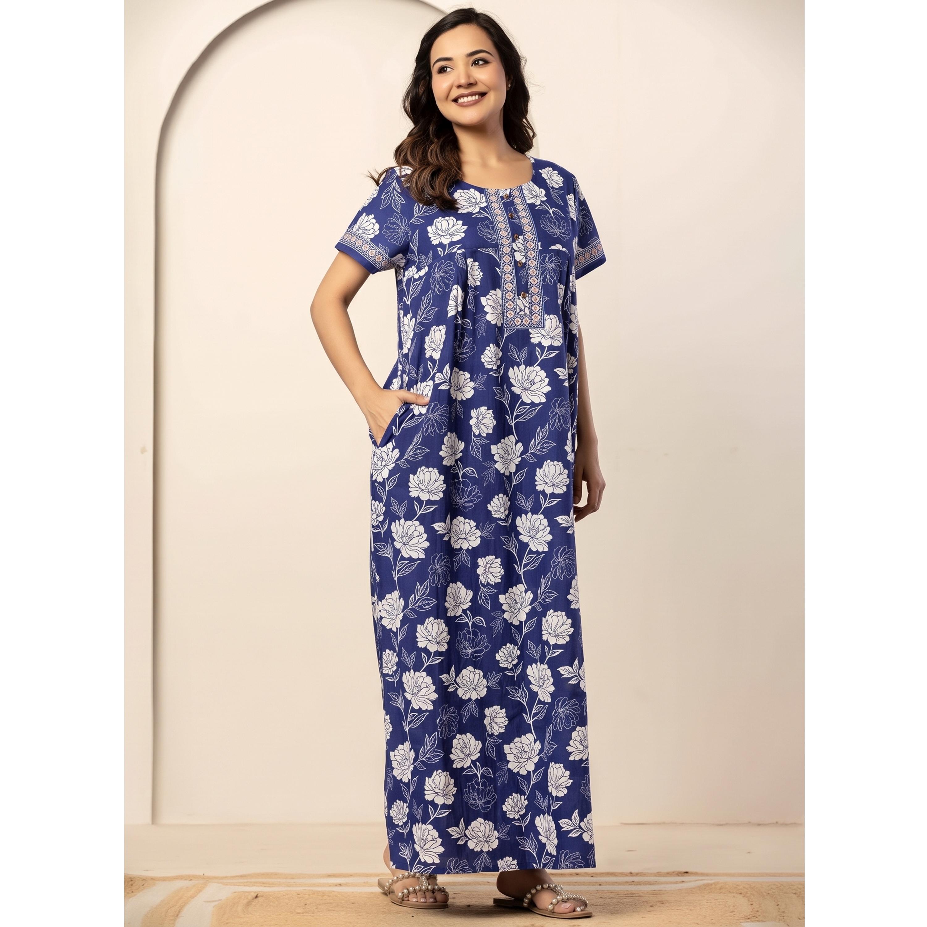 قميص نوم قطن بأكمام قصيرة وطبعة أزهار بلون أزرق-women-clothing-nightwear-nighties-image-2
