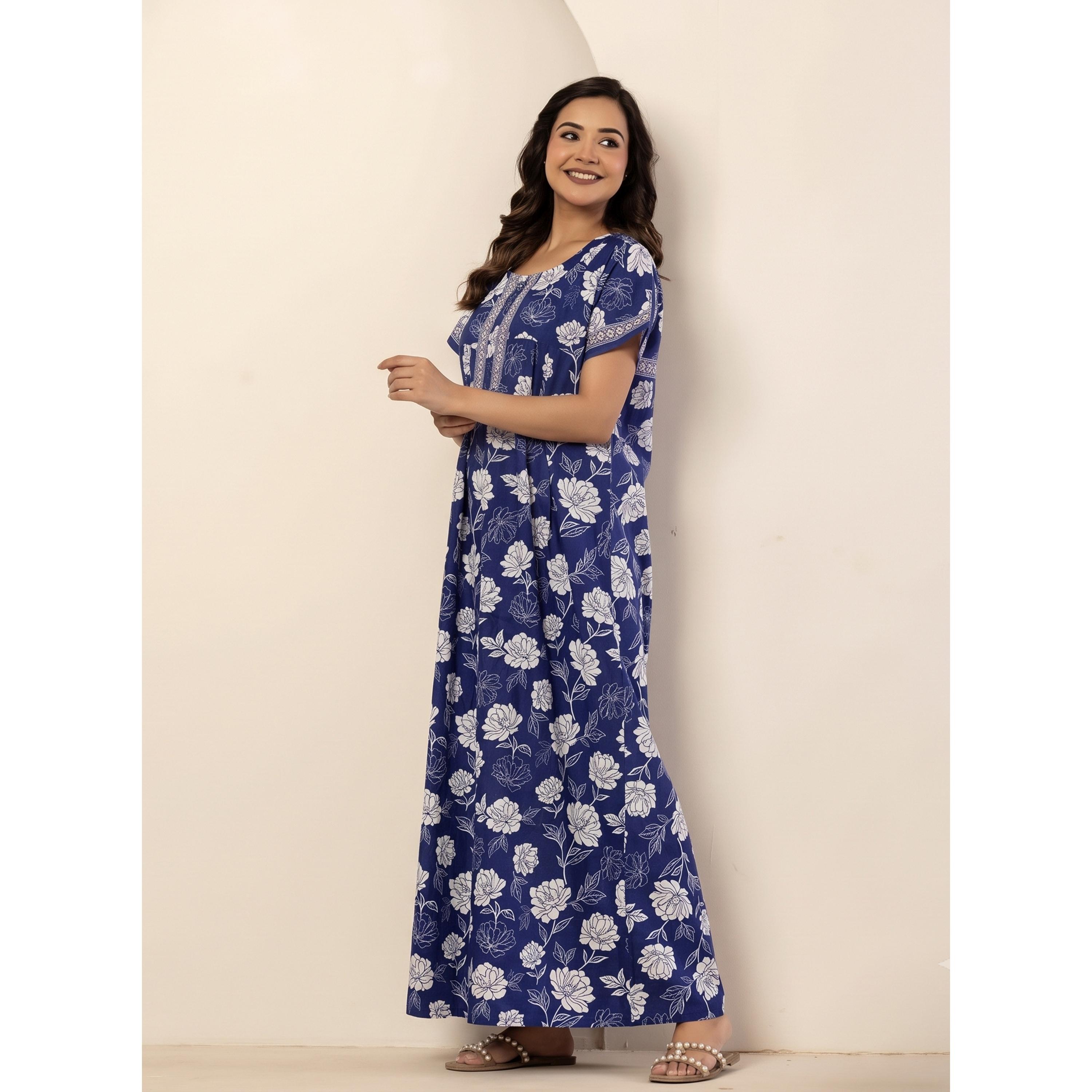 قميص نوم قطن بأكمام قصيرة وطبعة أزهار بلون أزرق-women-clothing-nightwear-nighties-image-3
