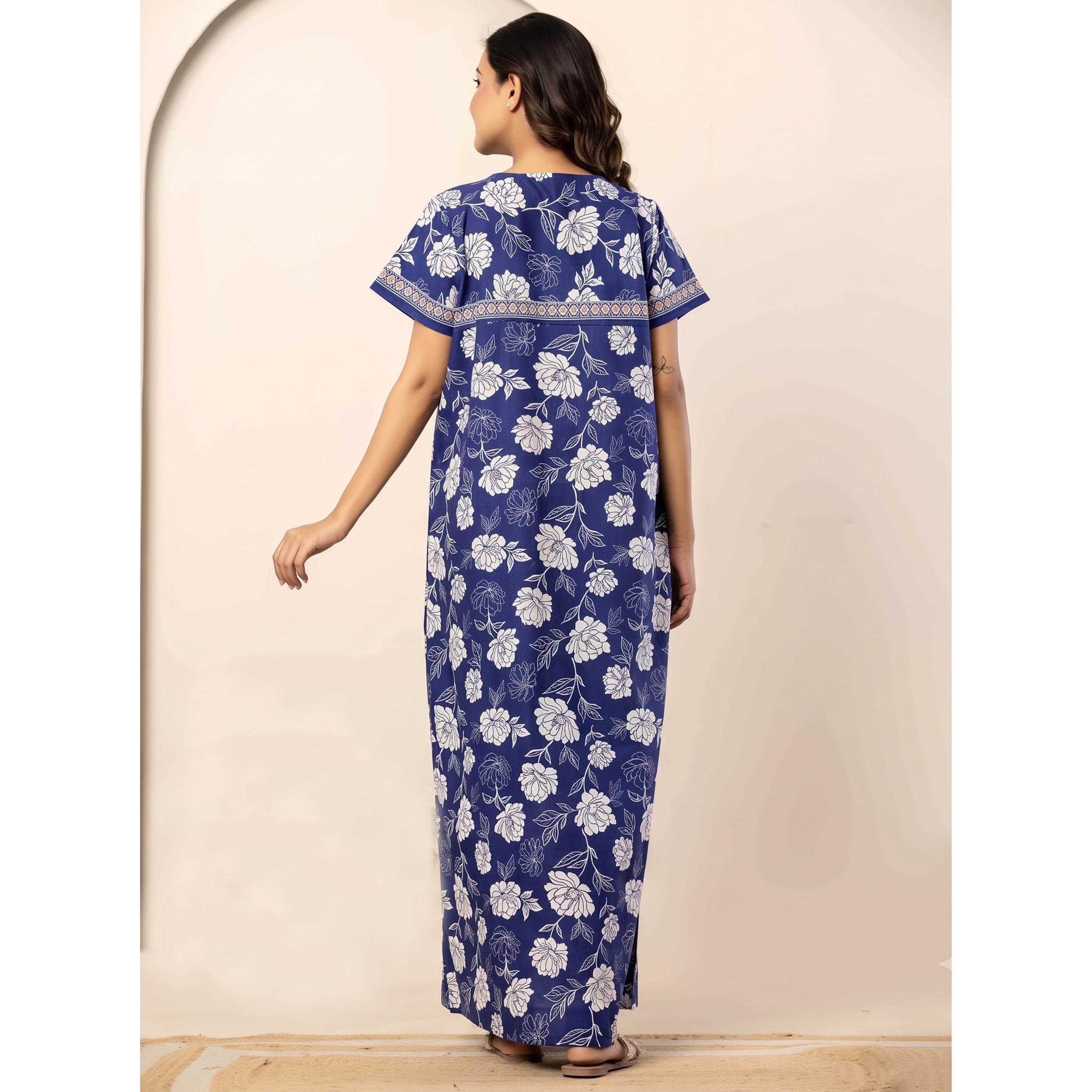 قميص نوم قطن بأكمام قصيرة وطبعة أزهار بلون أزرق-women-clothing-nightwear-nighties-image-4