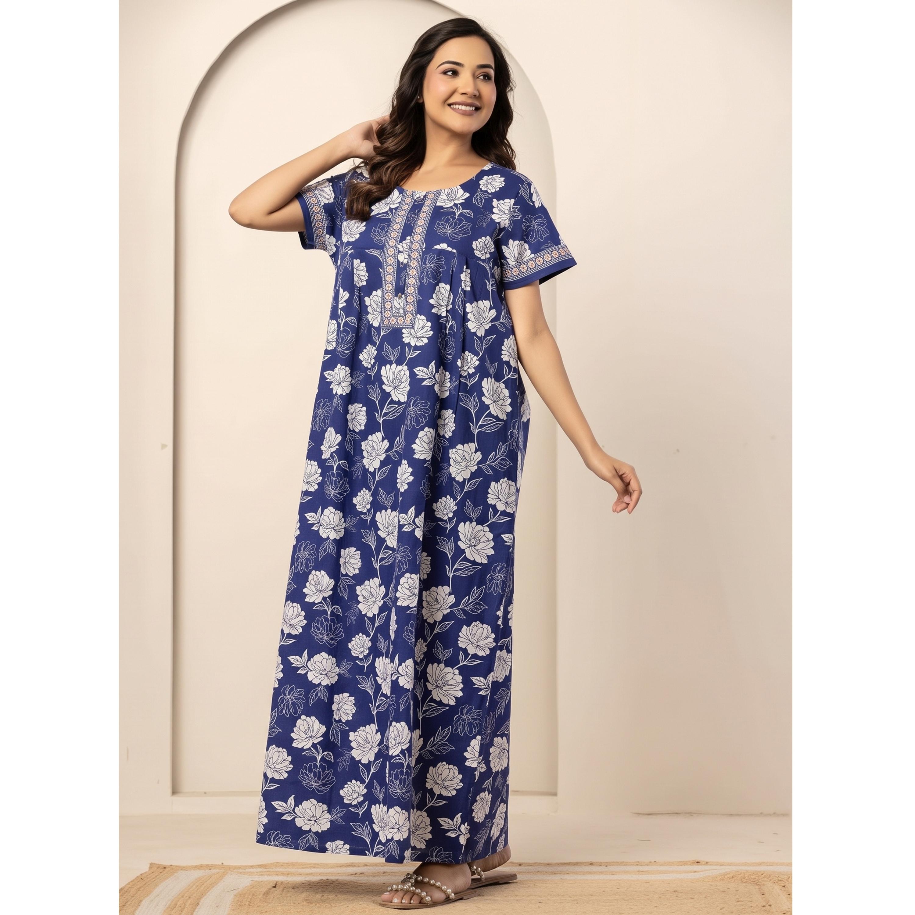 قميص نوم قطن بأكمام قصيرة وطبعة أزهار بلون أزرق-women-clothing-nightwear-nighties-image-5