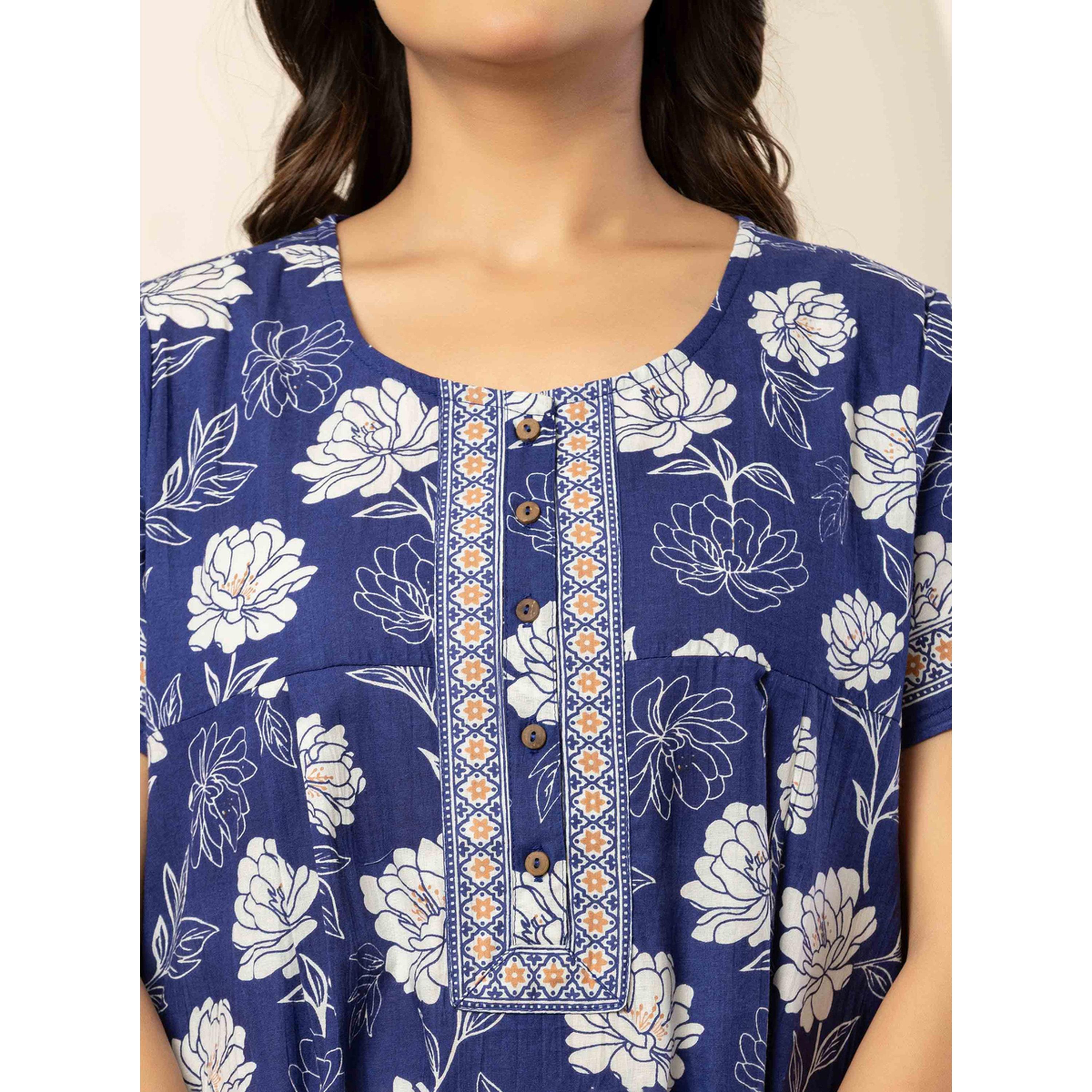 قميص نوم قطن بأكمام قصيرة وطبعة أزهار بلون أزرق-women-clothing-nightwear-nighties-image-6