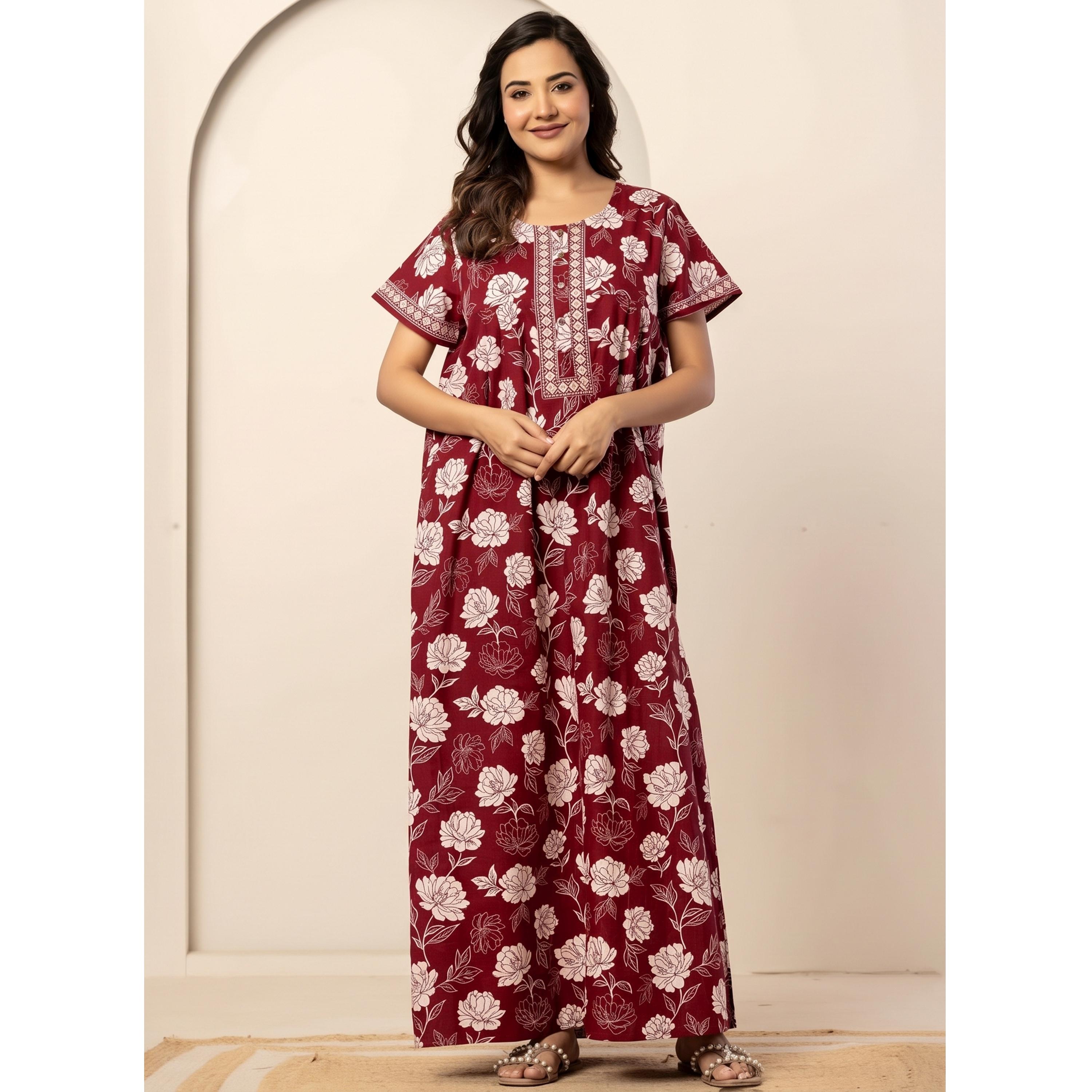 قميص نوم قطن بأكمام قصيرة وطبعة أزهار بلون مارون-women-clothing-nightwear-nighties-image-1