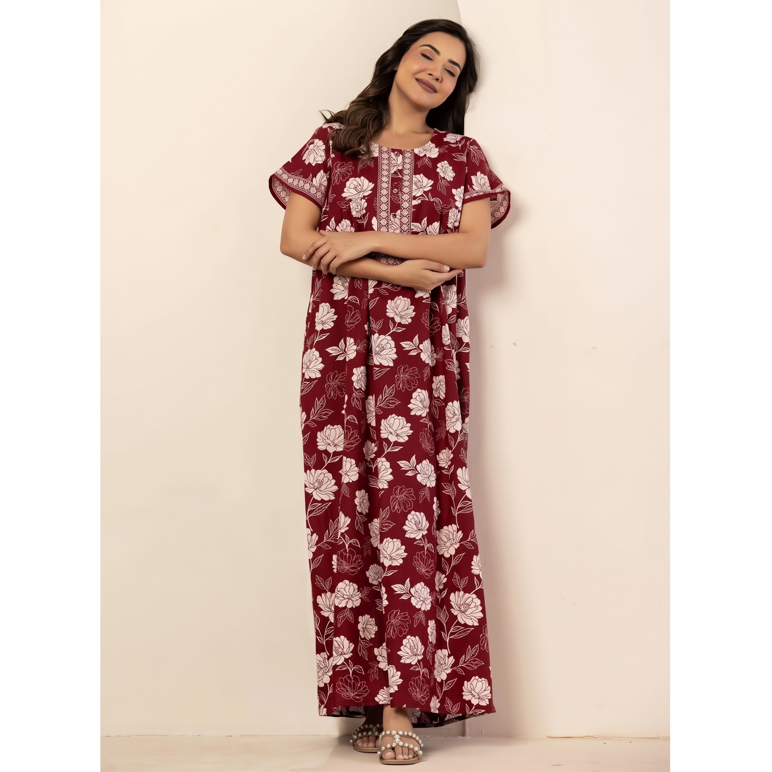 قميص نوم قطن بأكمام قصيرة وطبعة أزهار بلون مارون-women-clothing-nightwear-nighties-image-3