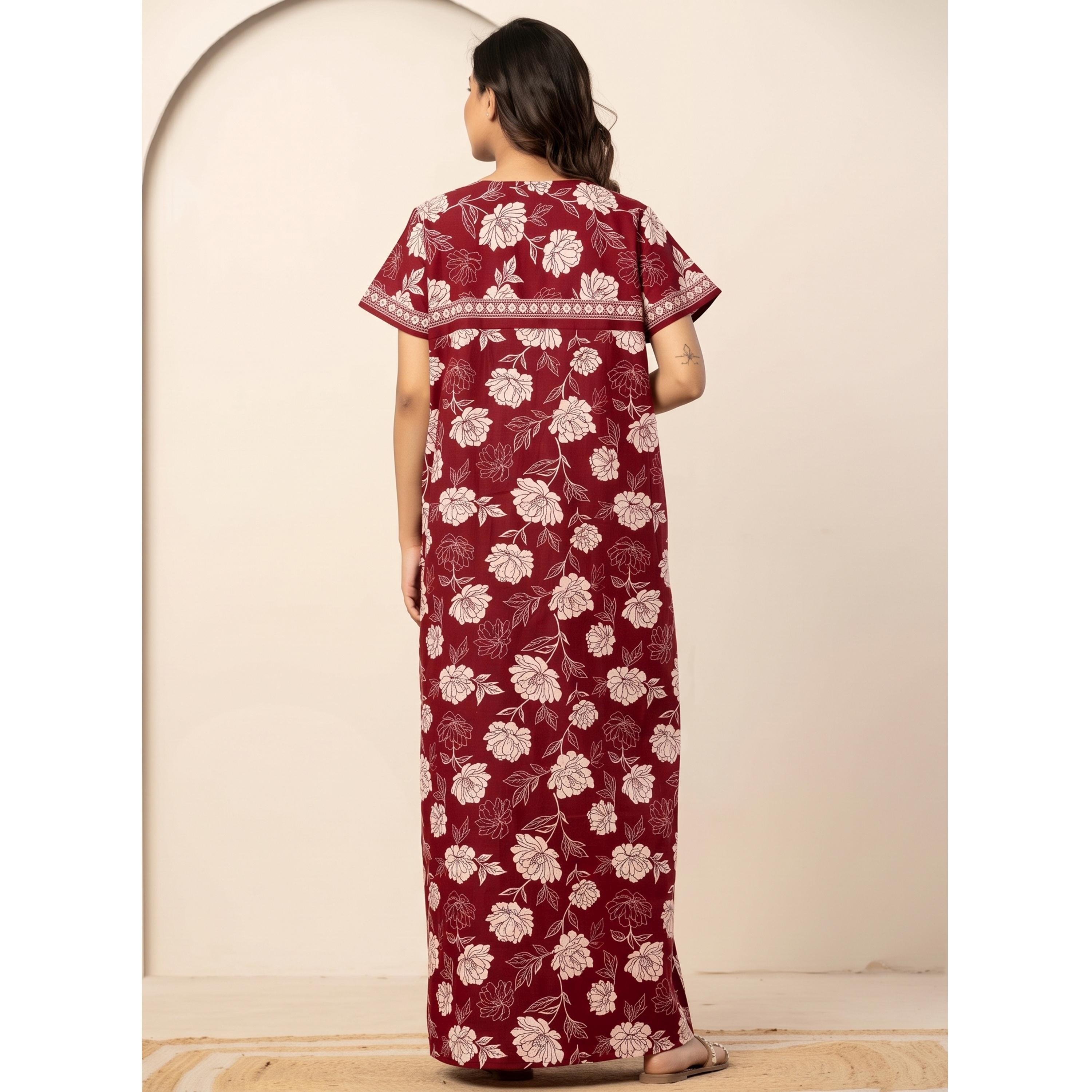 قميص نوم قطن بأكمام قصيرة وطبعة أزهار بلون مارون-women-clothing-nightwear-nighties-image-4