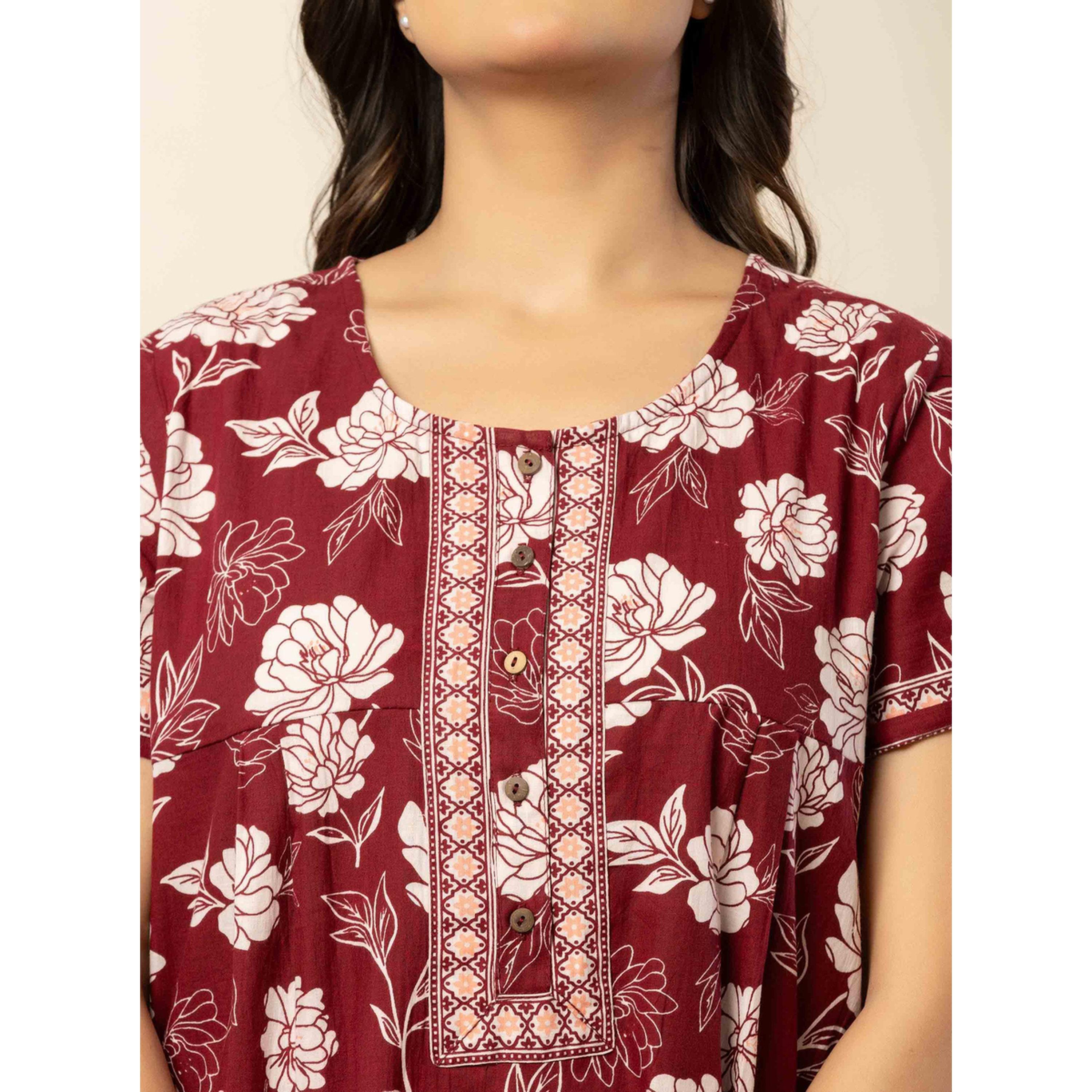 قميص نوم قطن بأكمام قصيرة وطبعة أزهار بلون مارون-women-clothing-nightwear-nighties-image-6