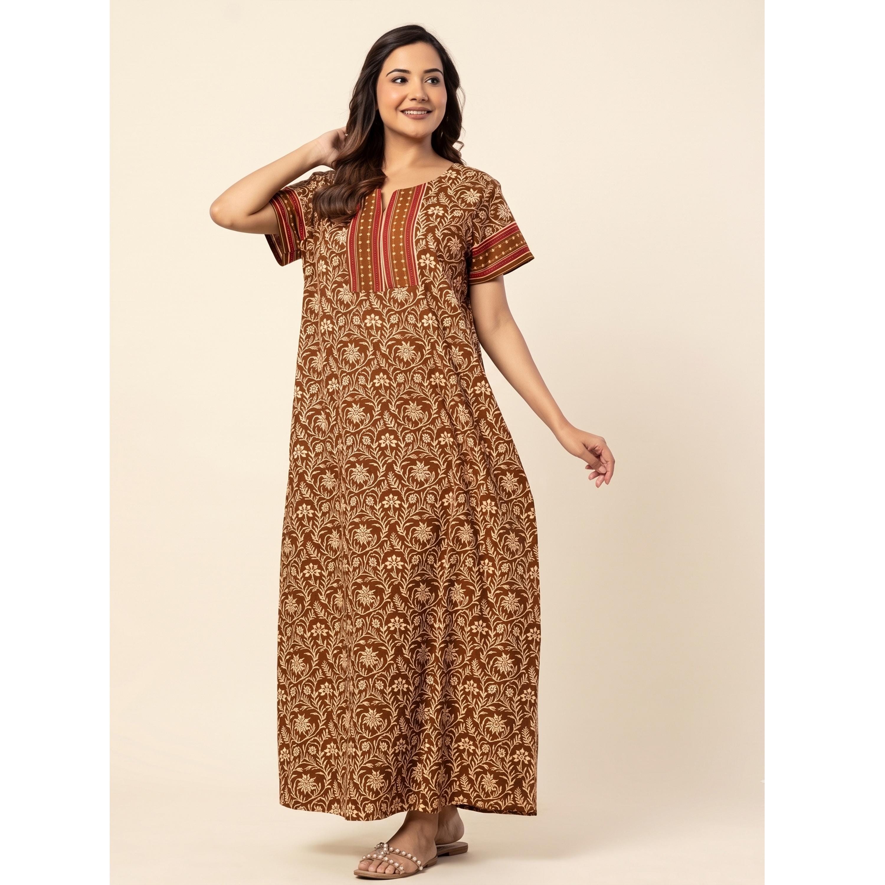 قميص نوم قطن بأكمام قصيرة وطبعة أزهار بلون بني-women-clothing-nightwear-nighties-image-3