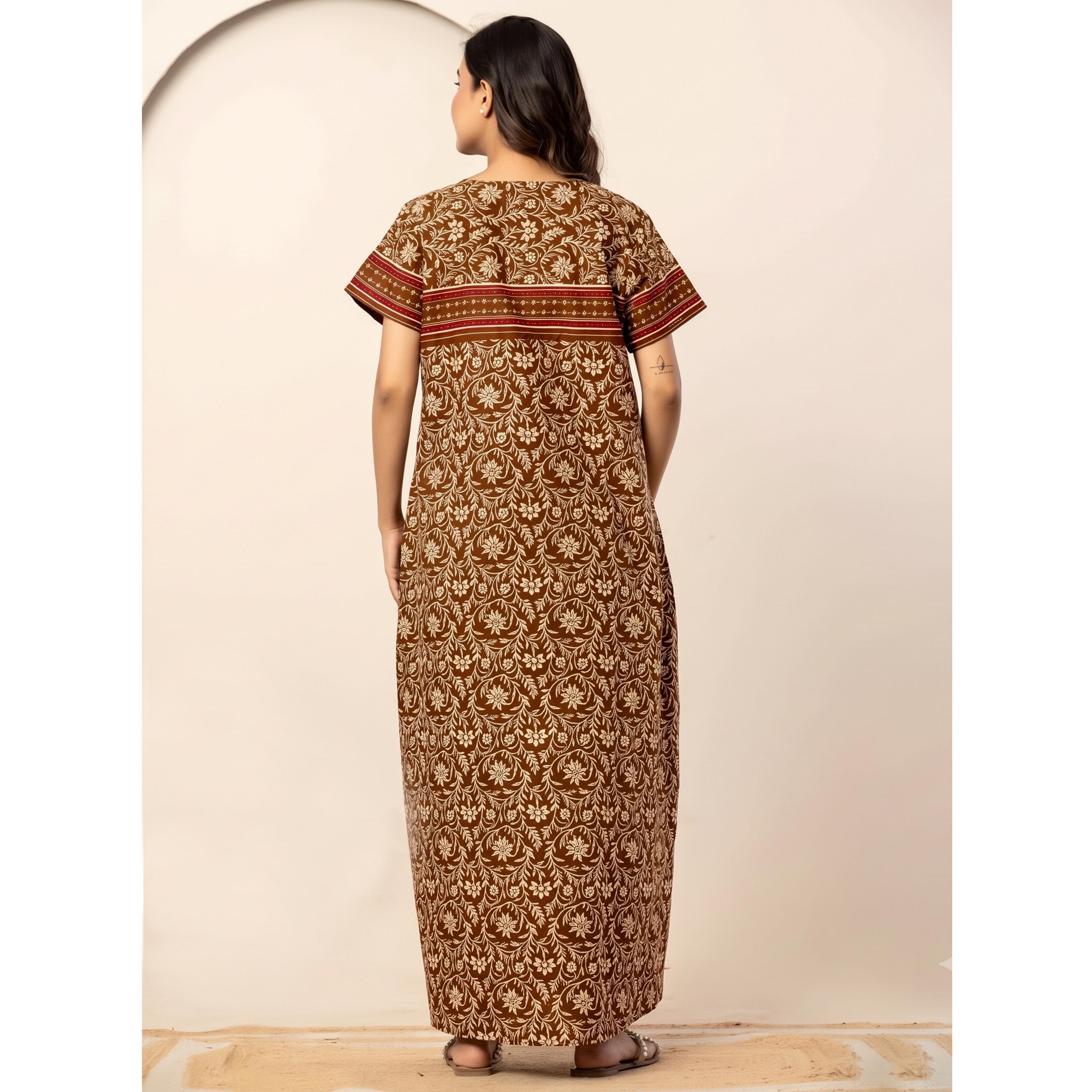 قميص نوم قطن بأكمام قصيرة وطبعة أزهار بلون بني-women-clothing-nightwear-nighties-image-5