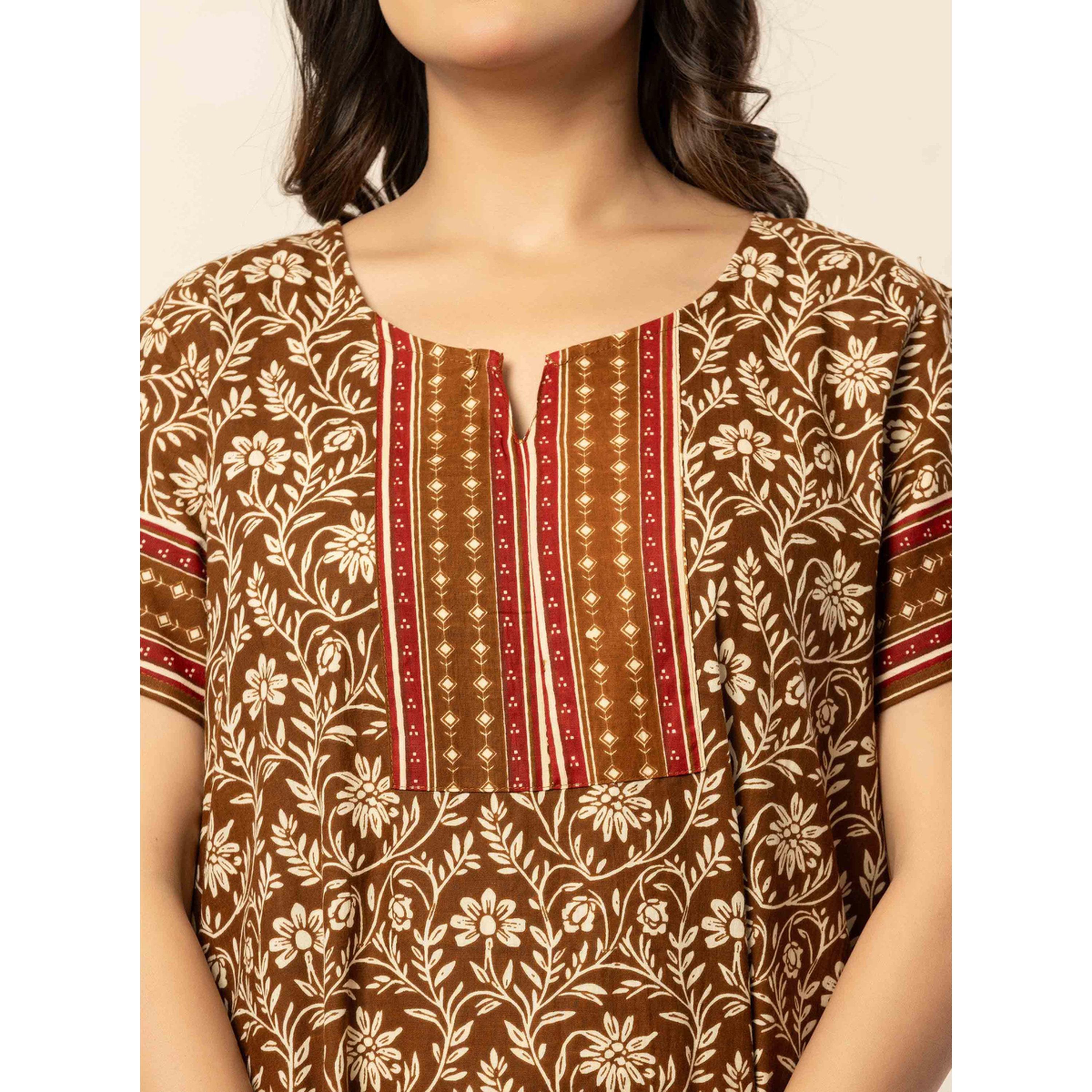 قميص نوم قطن بأكمام قصيرة وطبعة أزهار بلون بني-women-clothing-nightwear-nighties-image-6