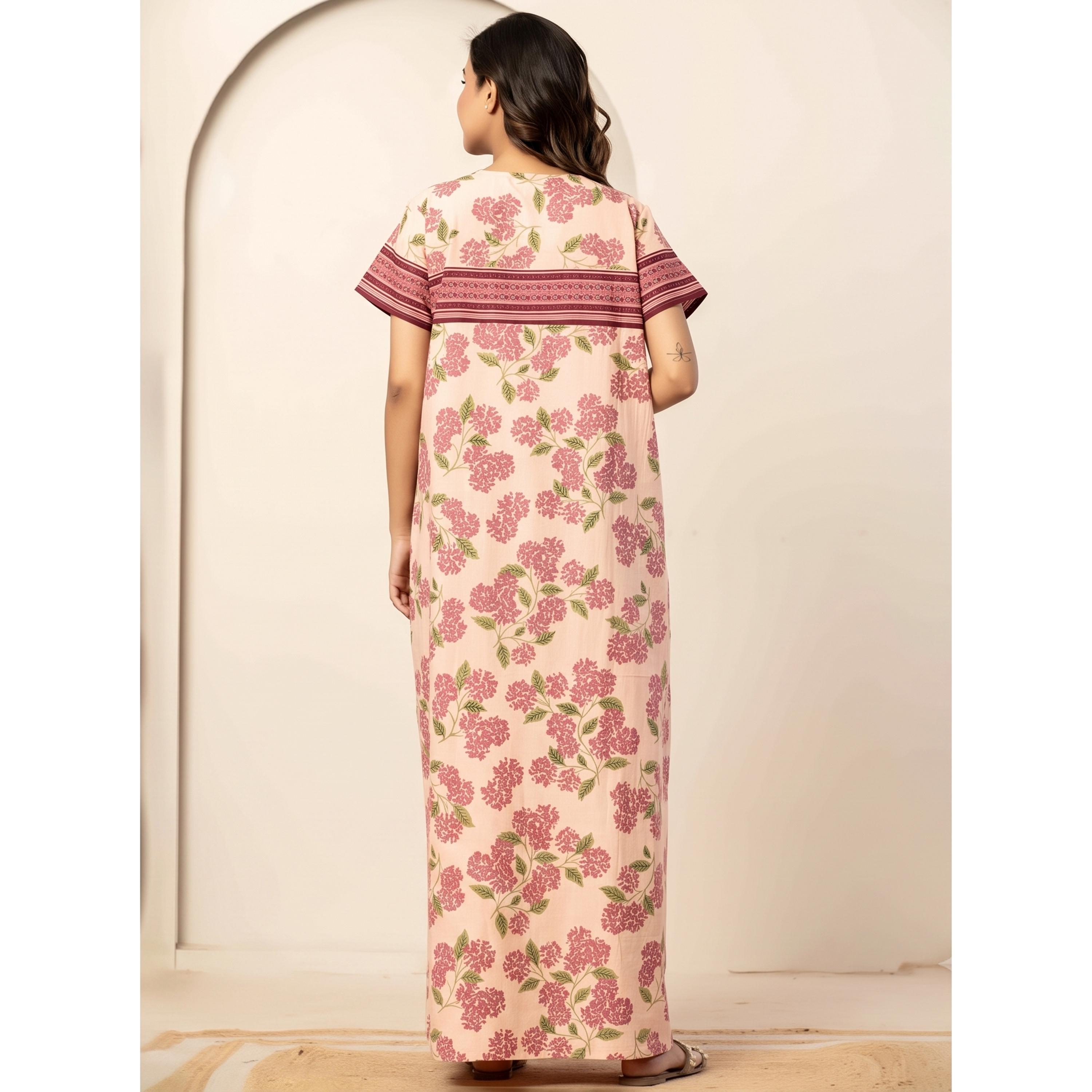 قميص نوم قطن بأكمام قصيرة وطبعة زهور خوخي-women-clothing-nightwear-nighties-image-4