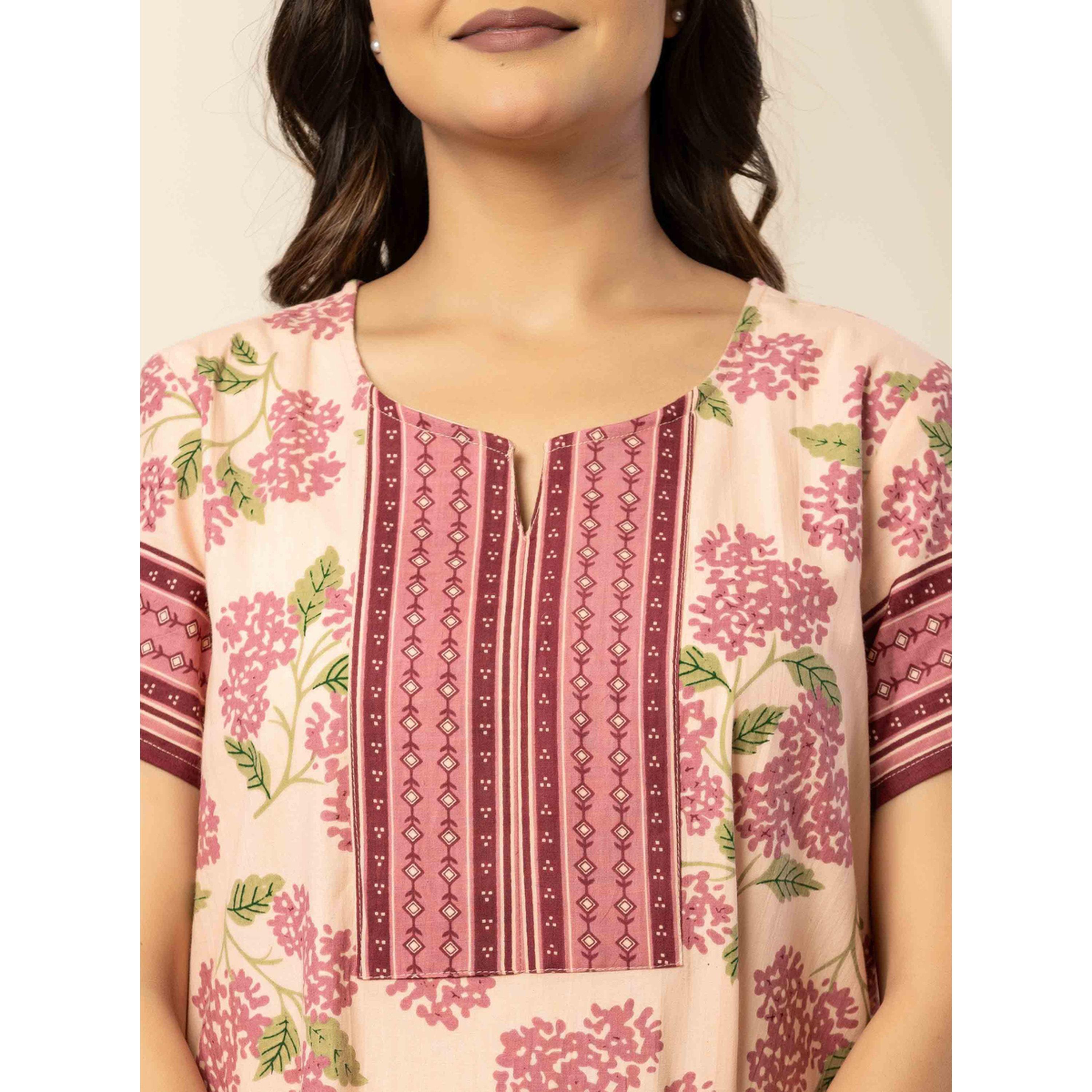 قميص نوم قطن بأكمام قصيرة وطبعة زهور خوخي-women-clothing-nightwear-nighties-image-6