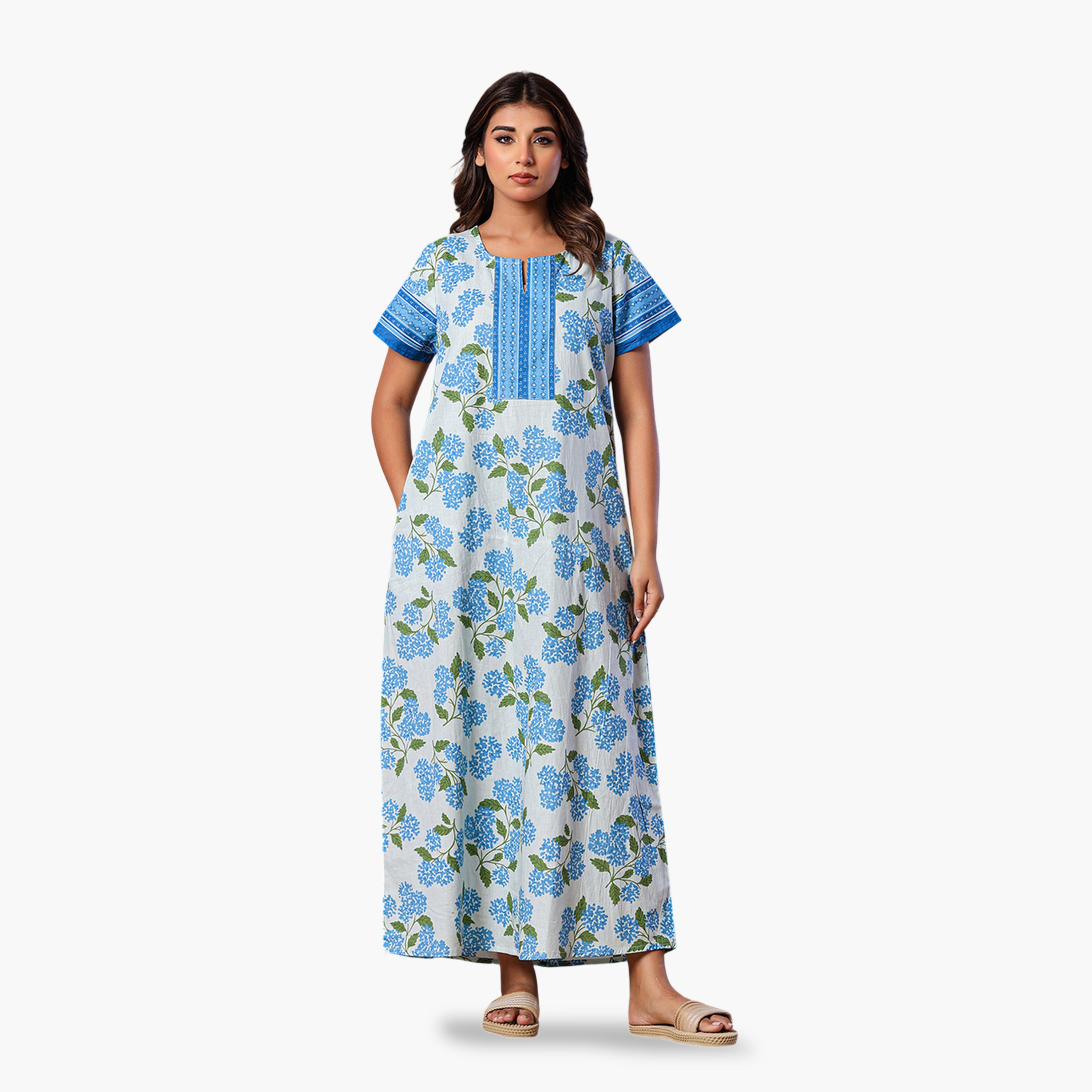 قميص نوم قطن بأكمام قصيرة وطبعة أزهار بلون أزرق-women-clothing-nightwear-nighties-image-1