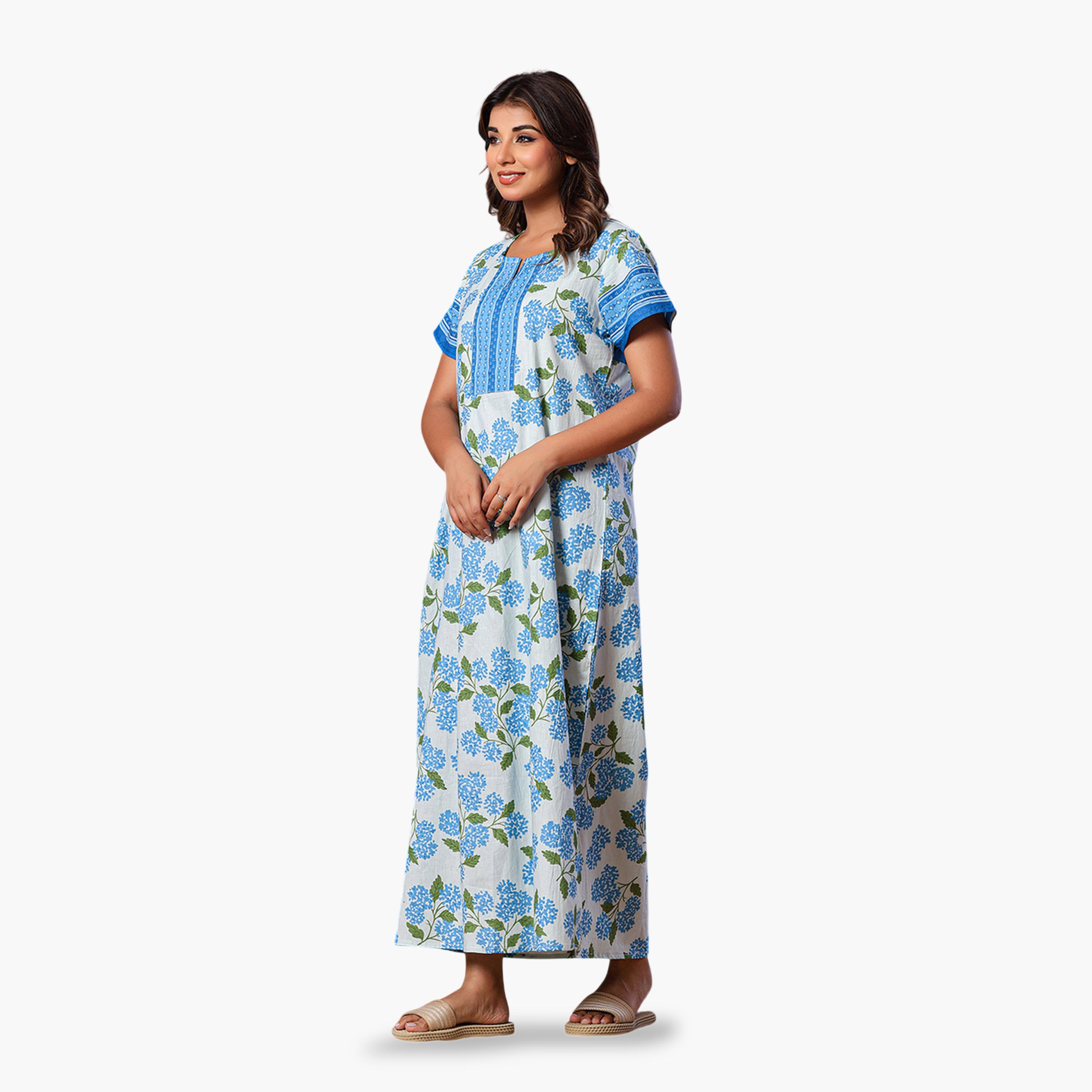 قميص نوم قطن بأكمام قصيرة وطبعة أزهار بلون أزرق-women-clothing-nightwear-nighties-image-2