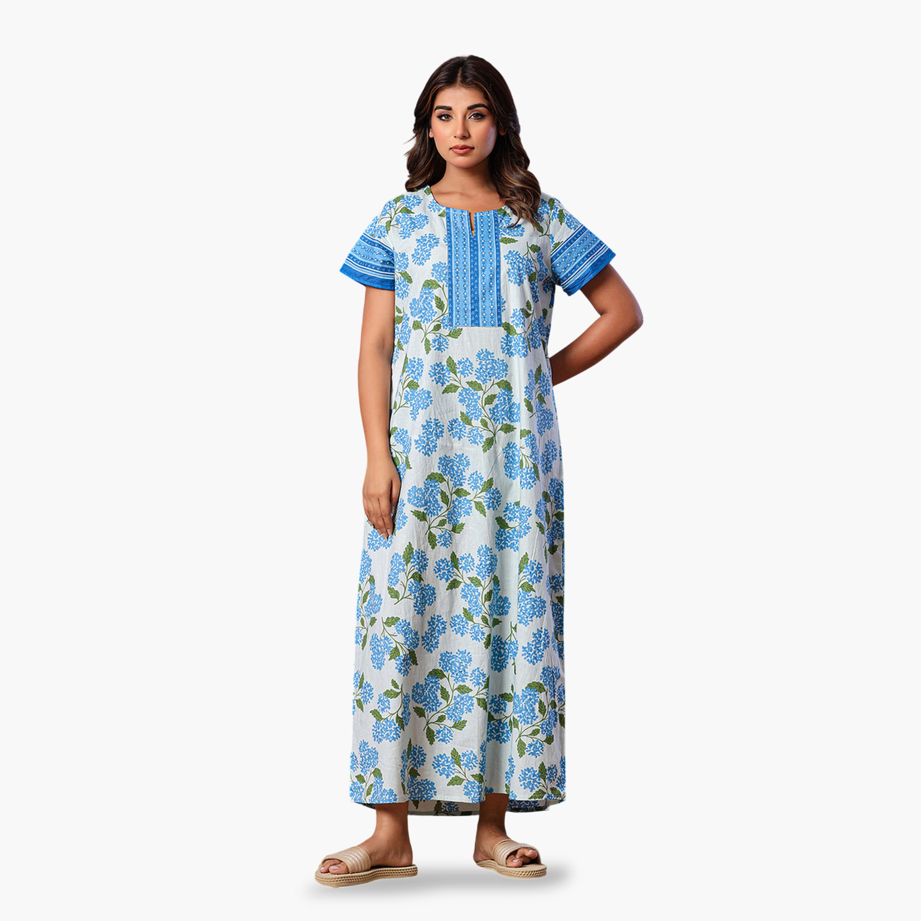 قميص نوم قطن بأكمام قصيرة وطبعة أزهار بلون أزرق-women-clothing-nightwear-nighties-image-3
