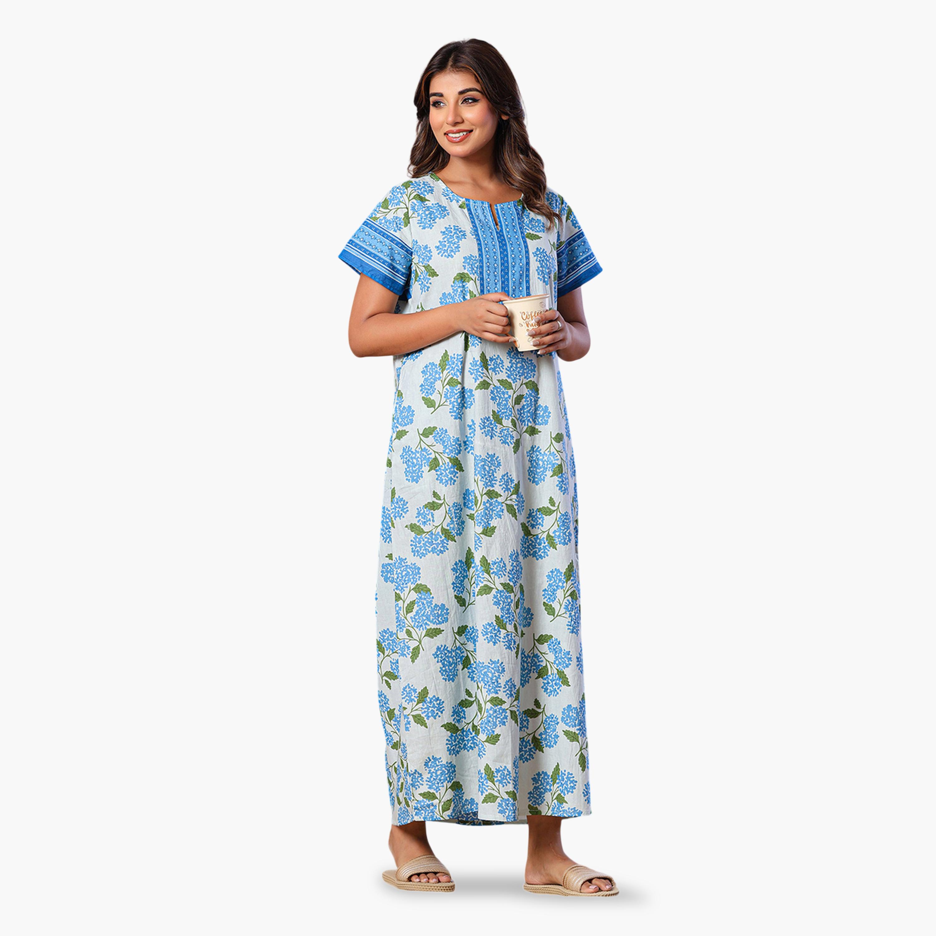 قميص نوم قطن بأكمام قصيرة وطبعة أزهار بلون أزرق-women-clothing-nightwear-nighties-image-4