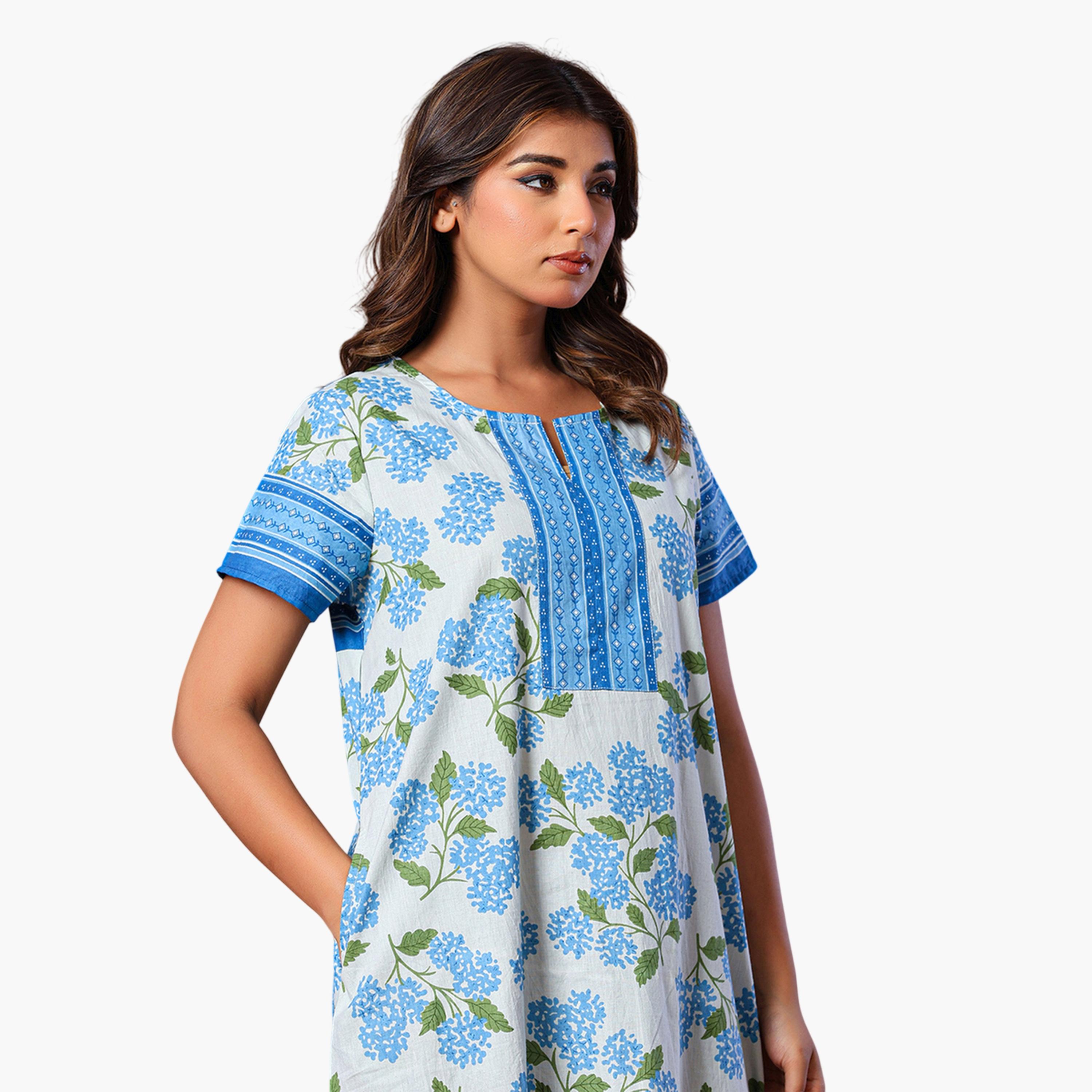 قميص نوم قطن بأكمام قصيرة وطبعة أزهار بلون أزرق-women-clothing-nightwear-nighties-image-5