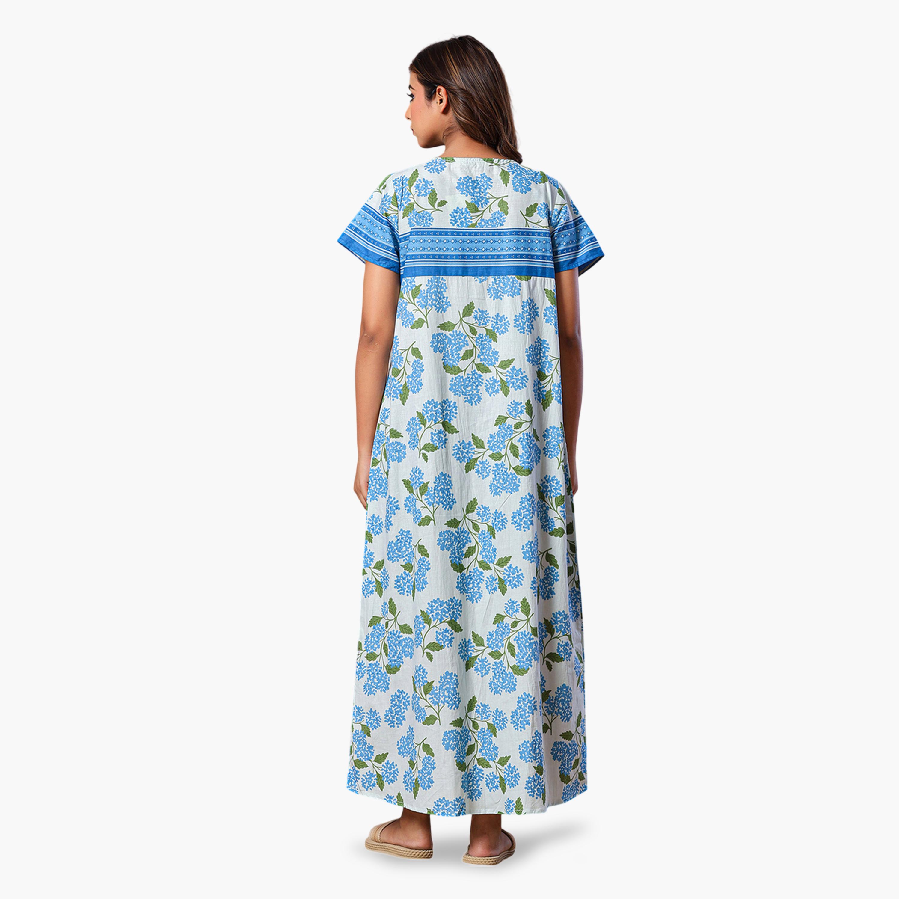 قميص نوم قطن بأكمام قصيرة وطبعة أزهار بلون أزرق-women-clothing-nightwear-nighties-image-6