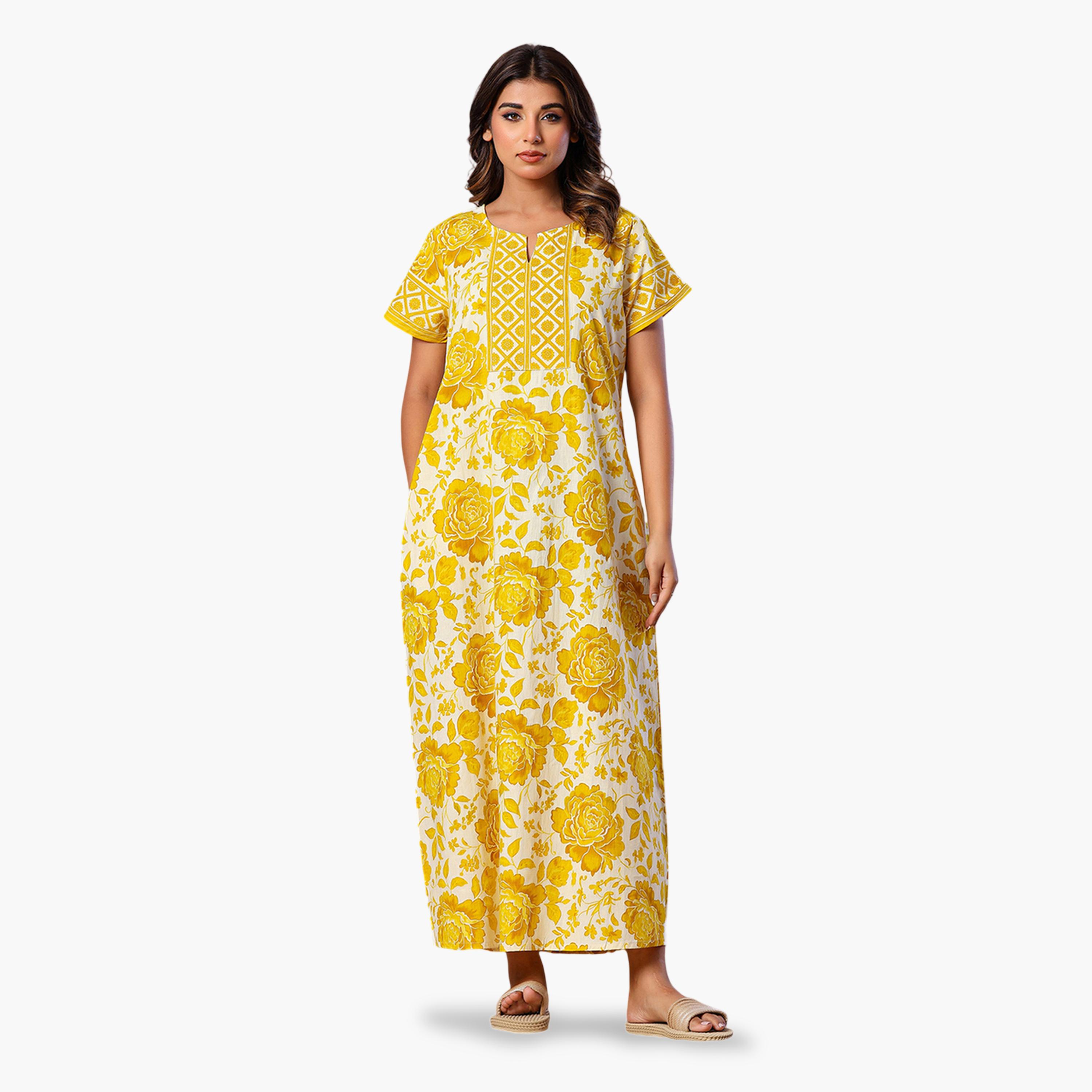 قميص نوم قفطان قطن بأكمام قصيرة وطبعة زهور أصفر-women-clothing-nightwear-nighties-image-1