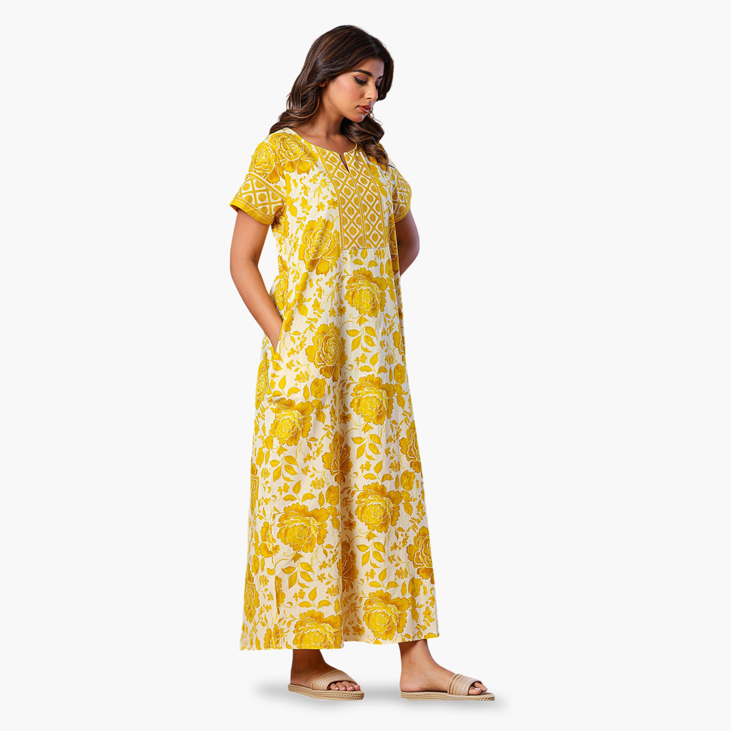 قميص نوم قفطان قطن بأكمام قصيرة وطبعة زهور أصفر-women-clothing-nightwear-nighties-image-2