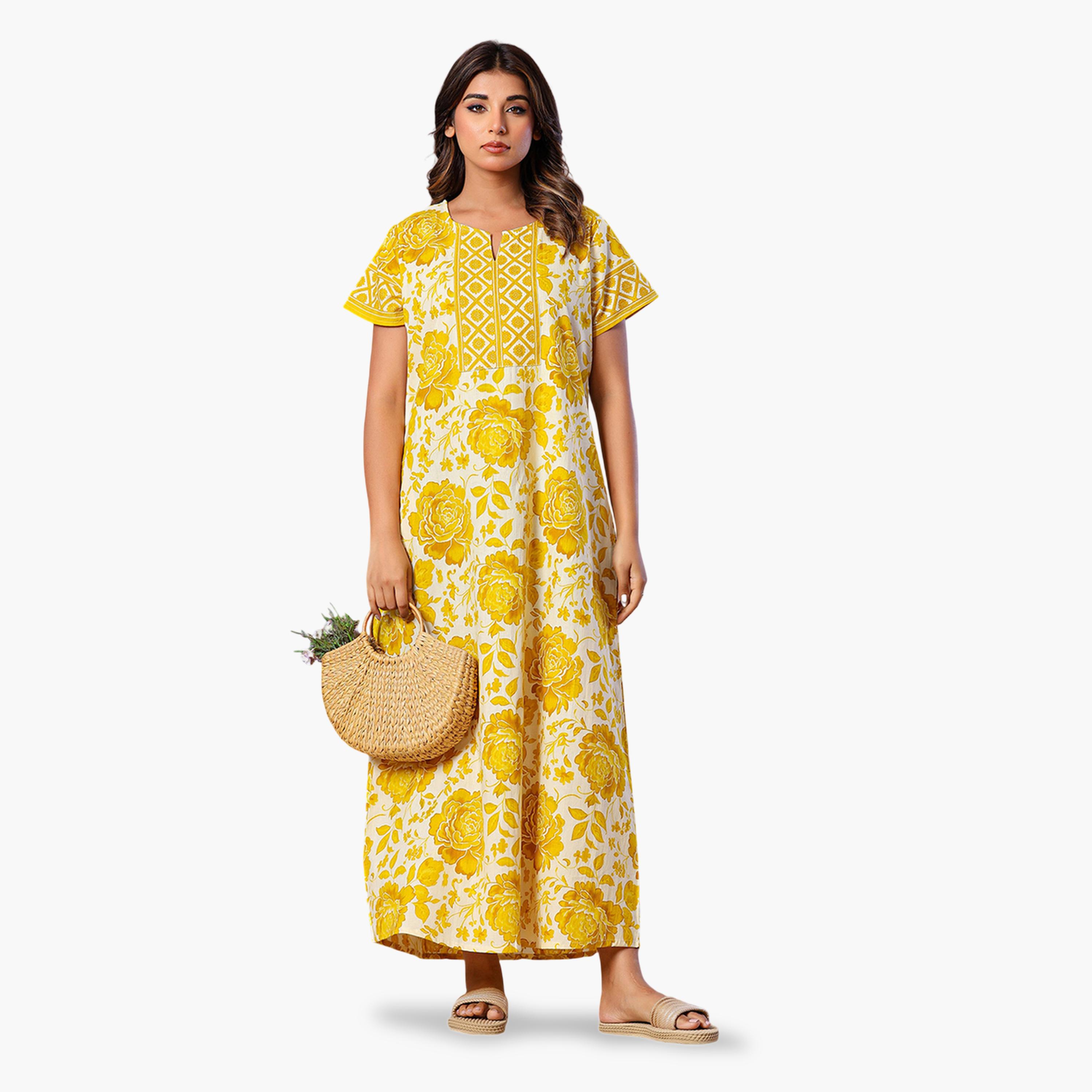 قميص نوم قفطان قطن بأكمام قصيرة وطبعة زهور أصفر-women-clothing-nightwear-nighties-image-3