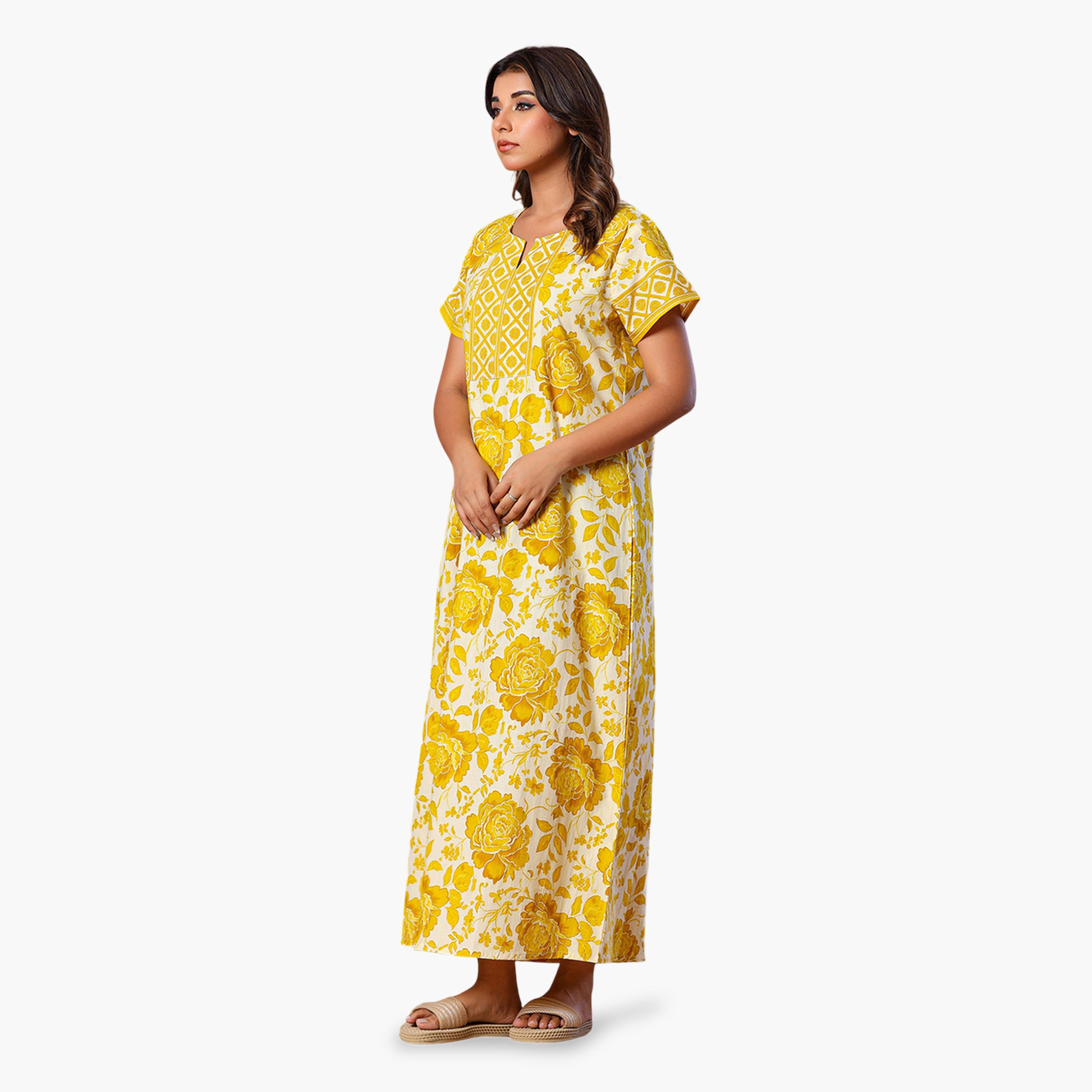 قميص نوم قفطان قطن بأكمام قصيرة وطبعة زهور أصفر-women-clothing-nightwear-nighties-image-4