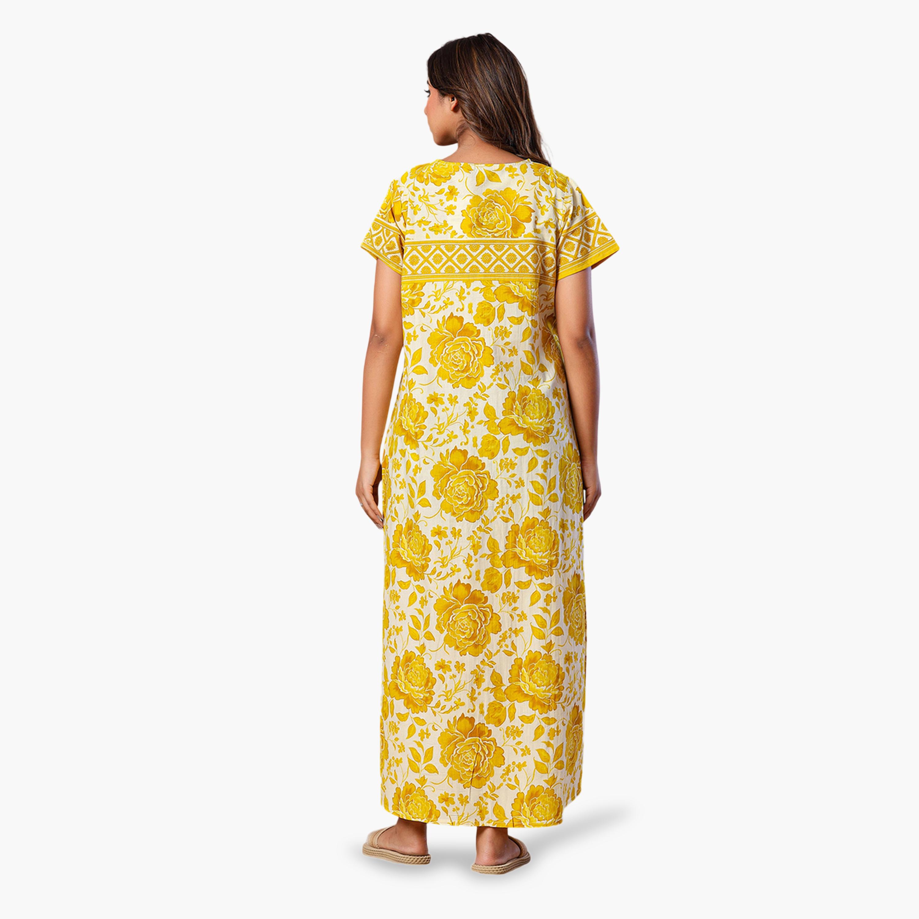 قميص نوم قفطان قطن بأكمام قصيرة وطبعة زهور أصفر-women-clothing-nightwear-nighties-image-5