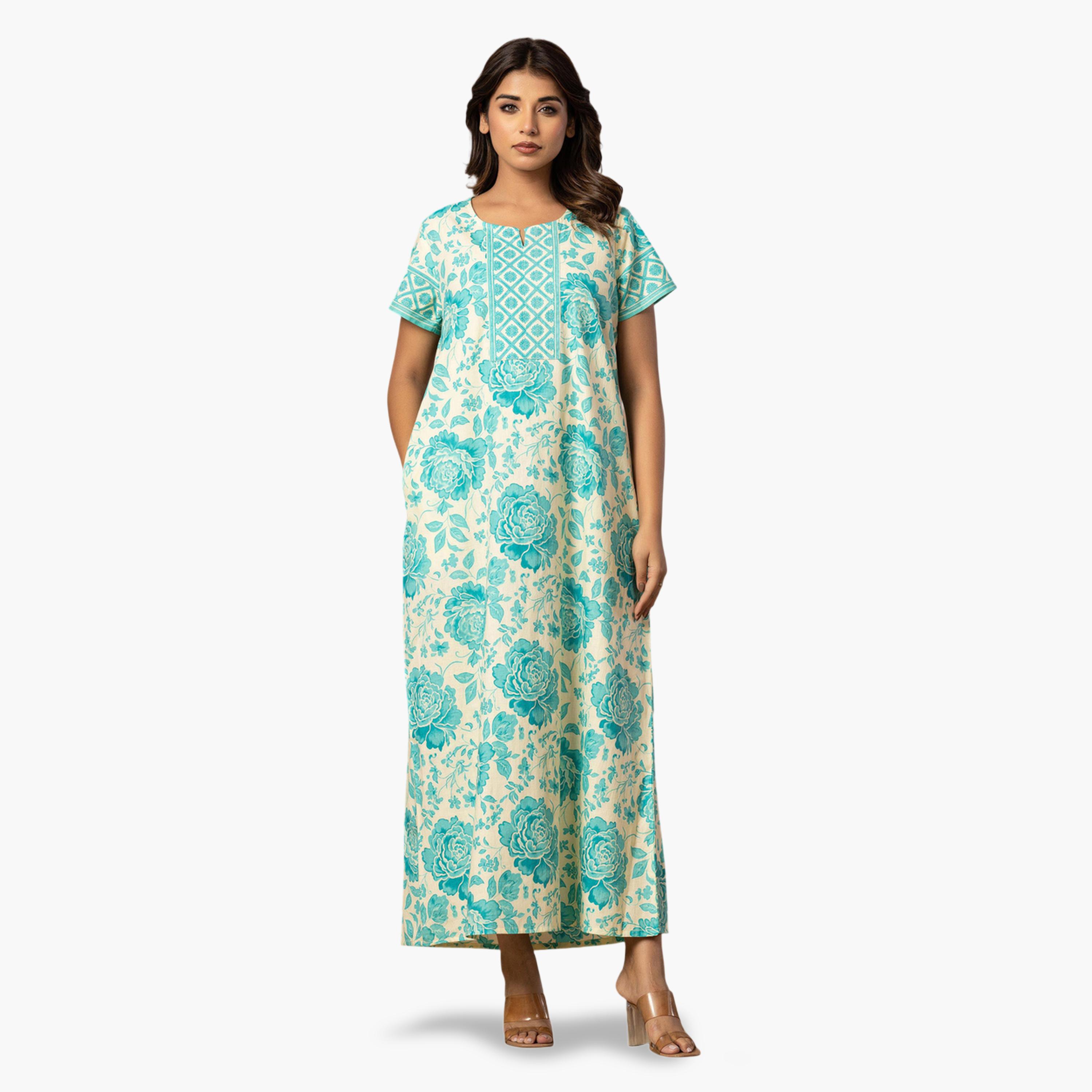 قميص نوم قطن بأكمام قصيرة وطبعة زهور أزرق-women-clothing-nightwear-nighties-image-1