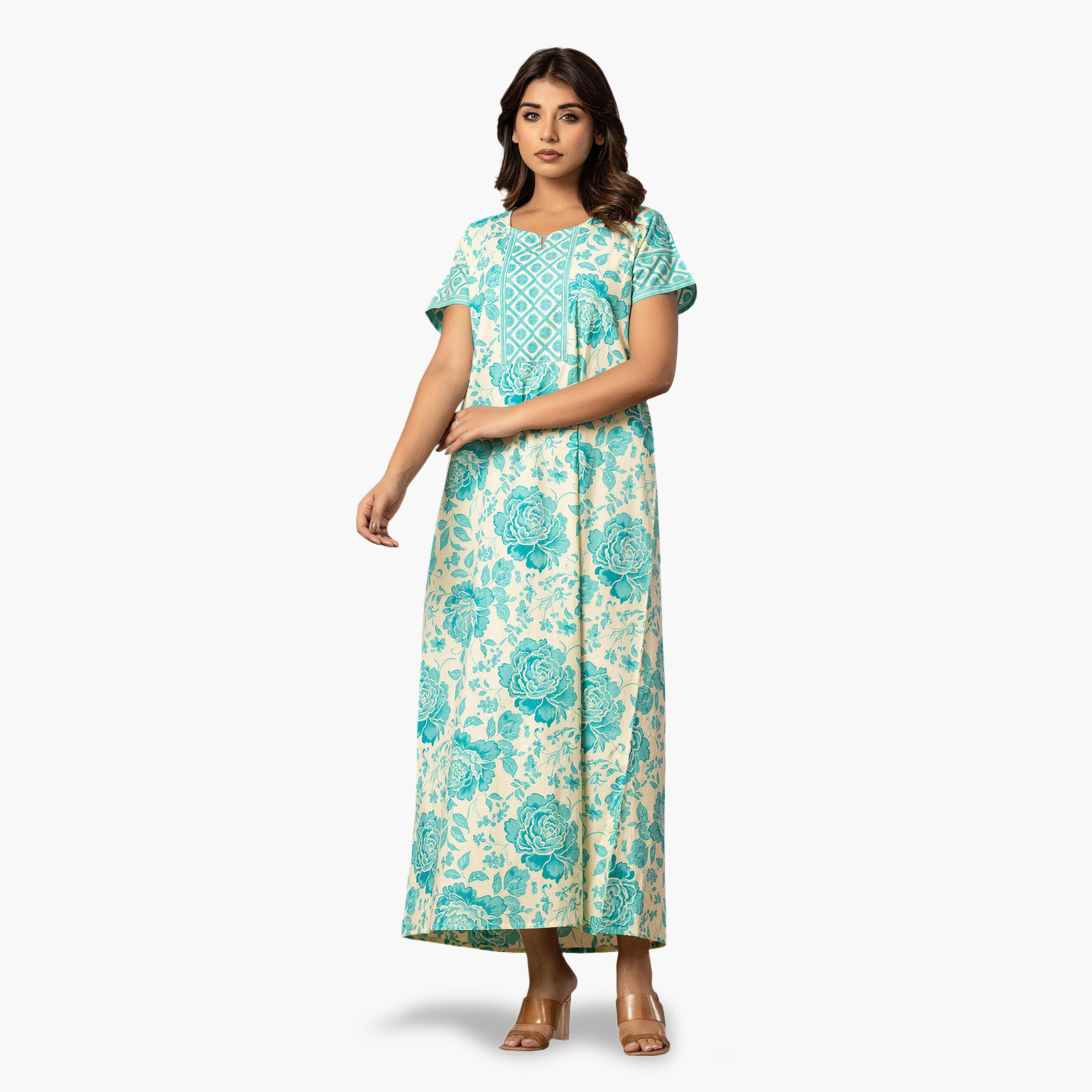 قميص نوم قطن بأكمام قصيرة وطبعة زهور أزرق-women-clothing-nightwear-nighties-image-2