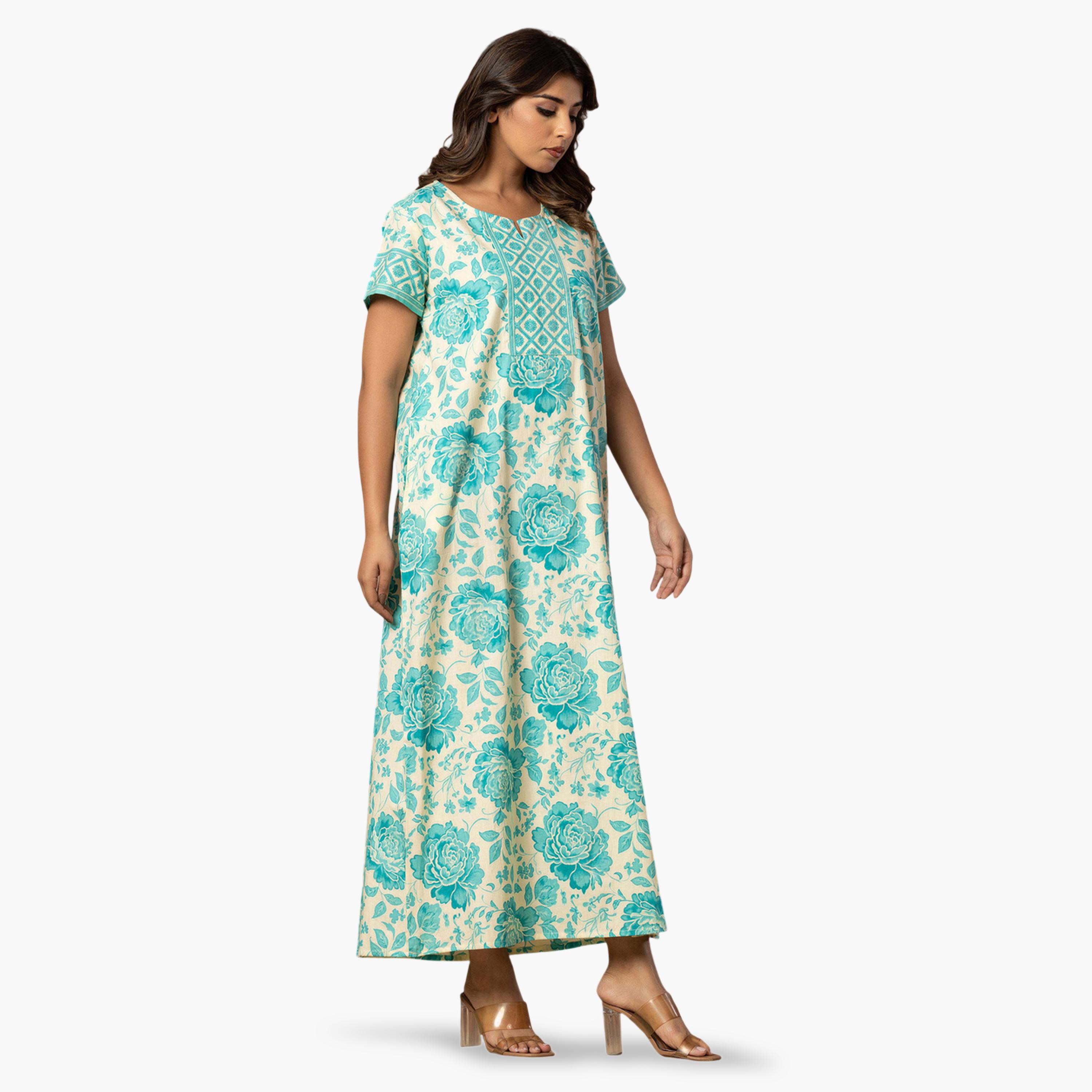 قميص نوم قطن بأكمام قصيرة وطبعة زهور أزرق-women-clothing-nightwear-nighties-image-3