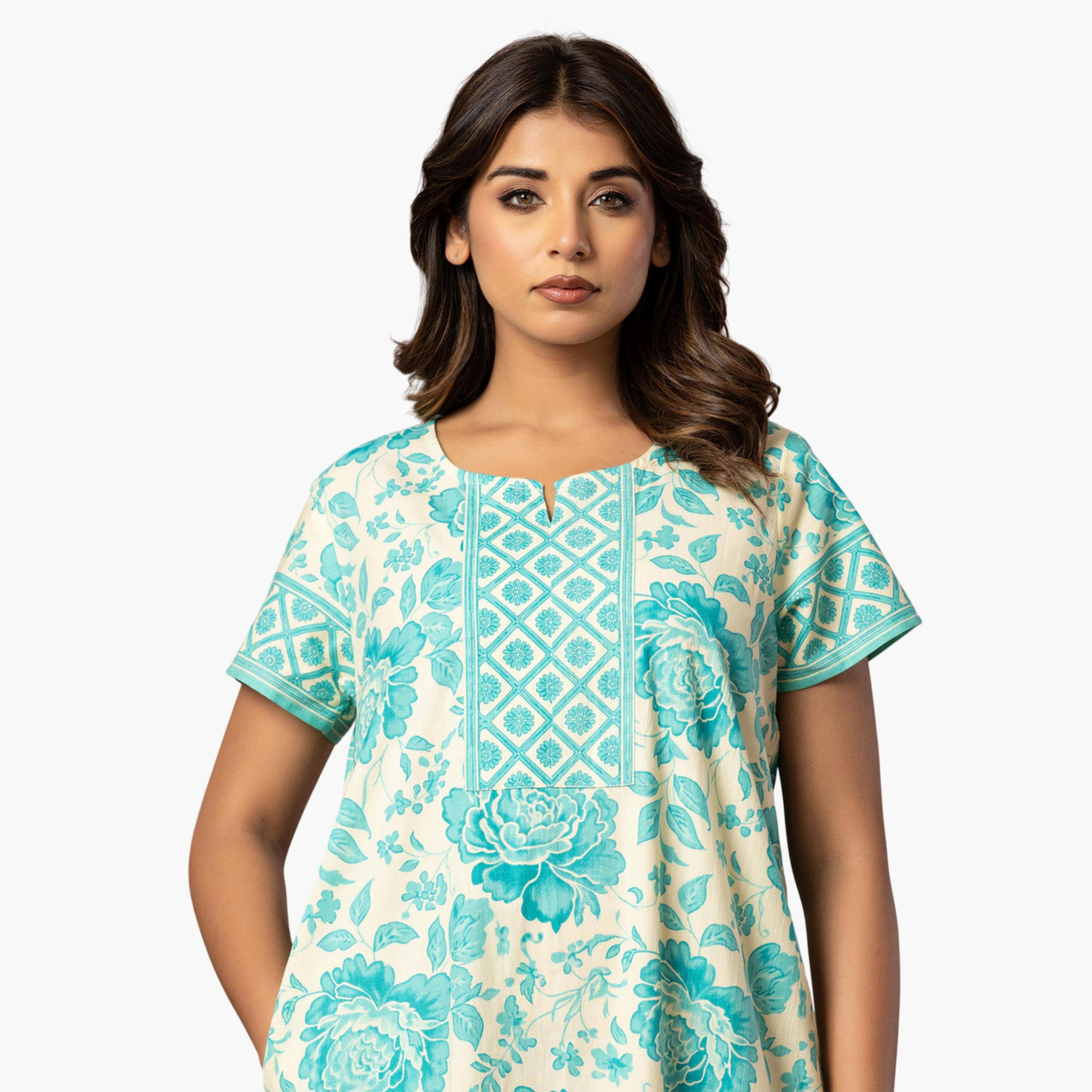قميص نوم قطن بأكمام قصيرة وطبعة زهور أزرق-women-clothing-nightwear-nighties-image-4