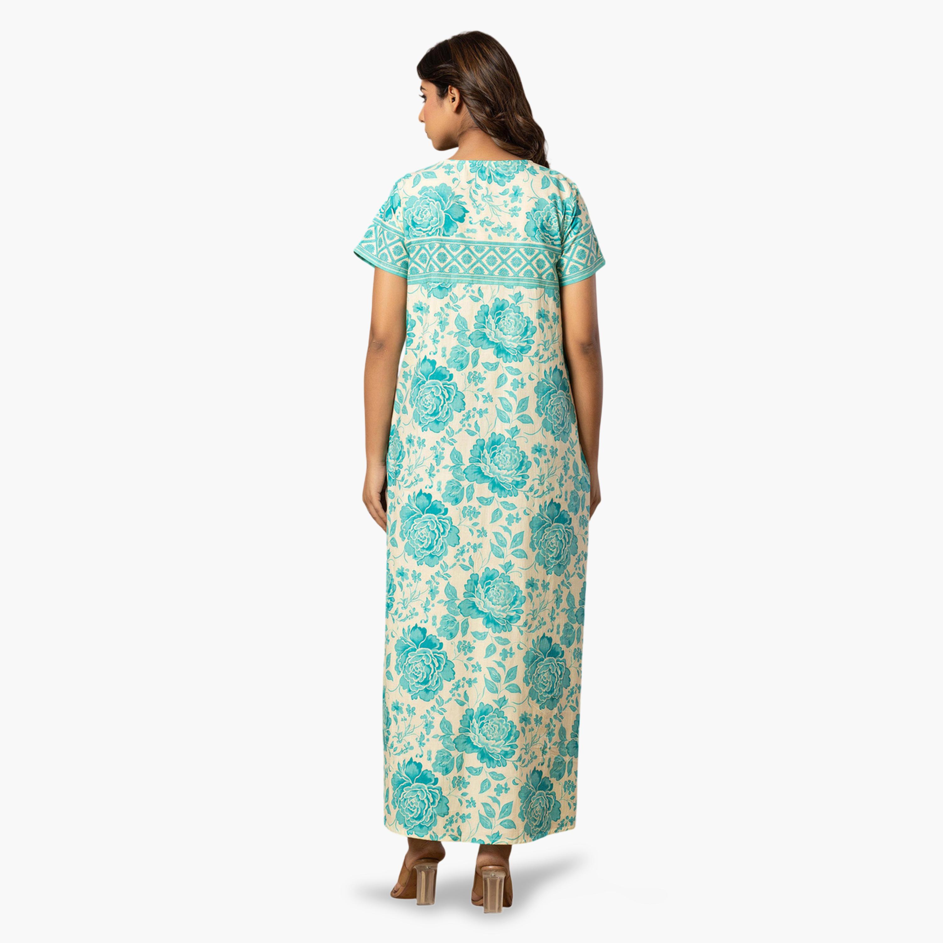 قميص نوم قطن بأكمام قصيرة وطبعة زهور أزرق-women-clothing-nightwear-nighties-image-5