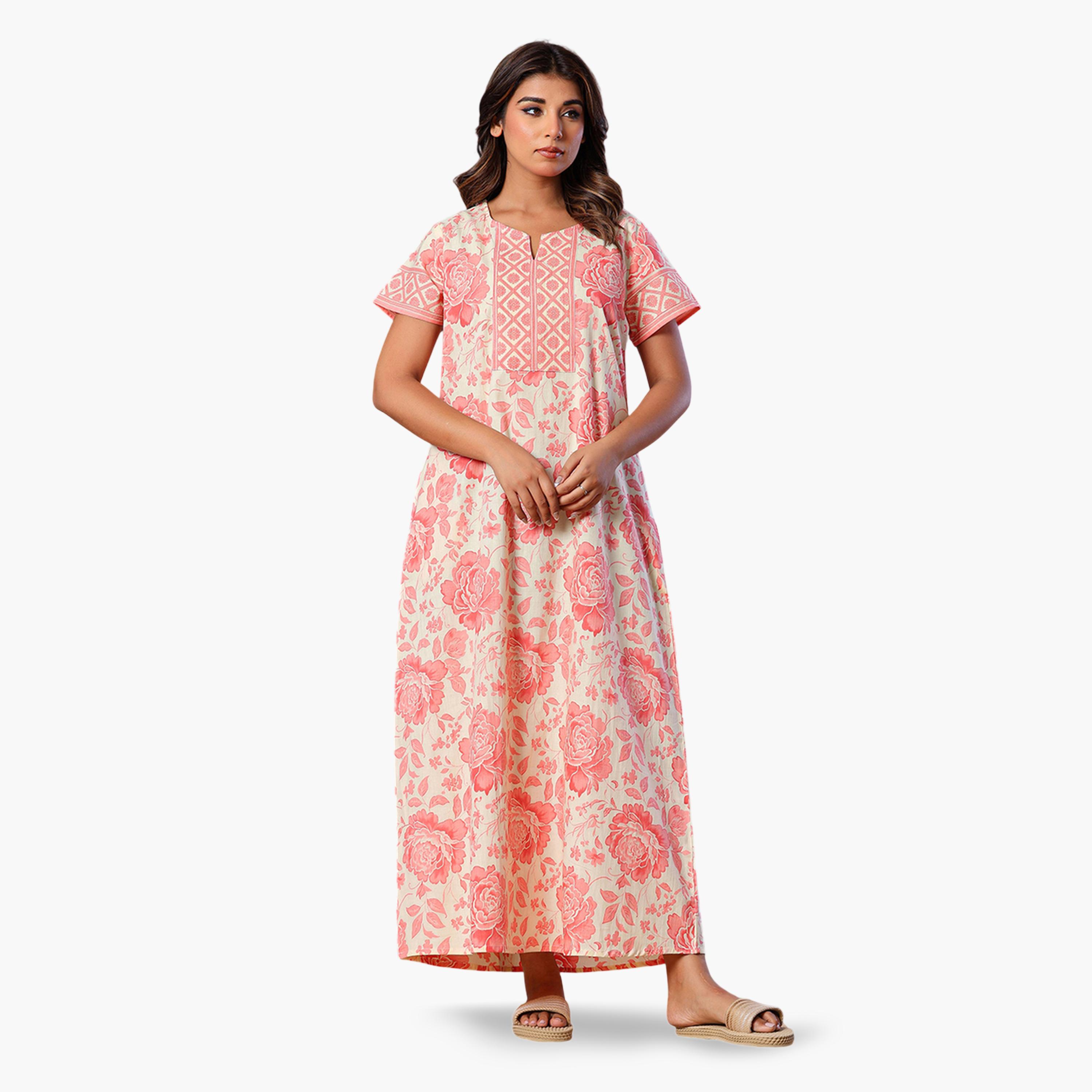 قميص نوم قطن بأكمام قصيرة وطبعة زهور وردي-women-clothing-nightwear-nighties-image-1