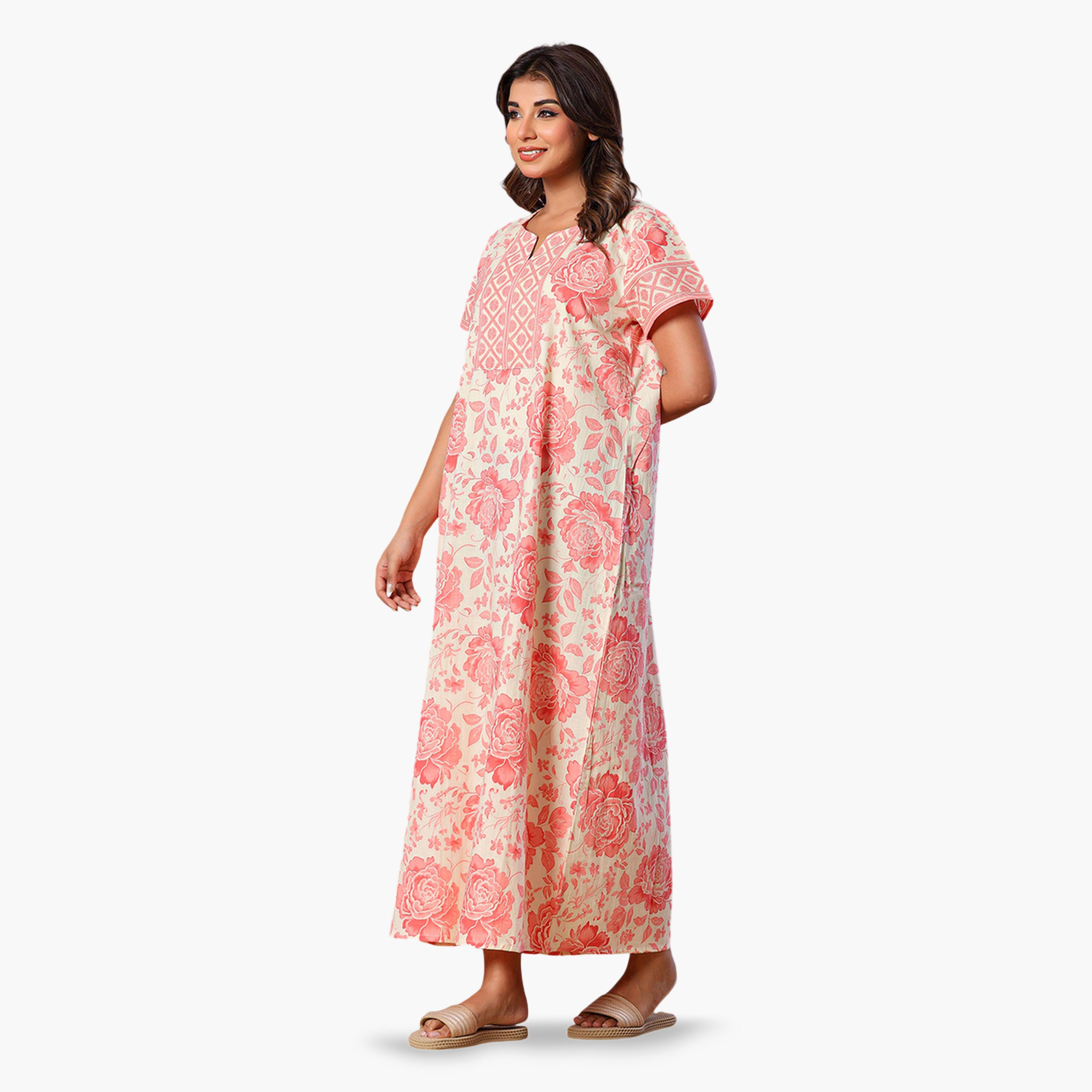 قميص نوم قطن بأكمام قصيرة وطبعة زهور وردي-women-clothing-nightwear-nighties-image-3
