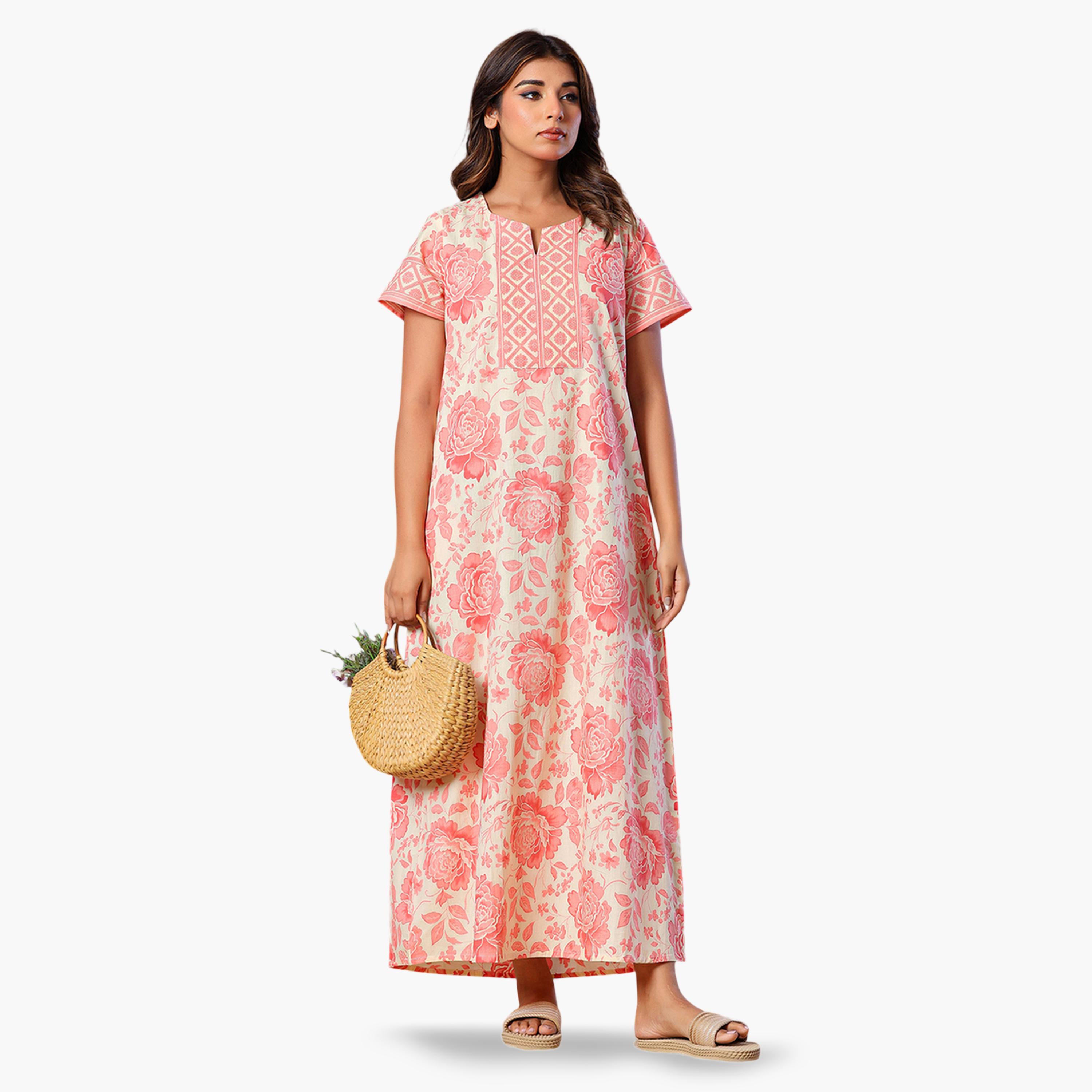 قميص نوم قطن بأكمام قصيرة وطبعة زهور وردي-women-clothing-nightwear-nighties-image-4