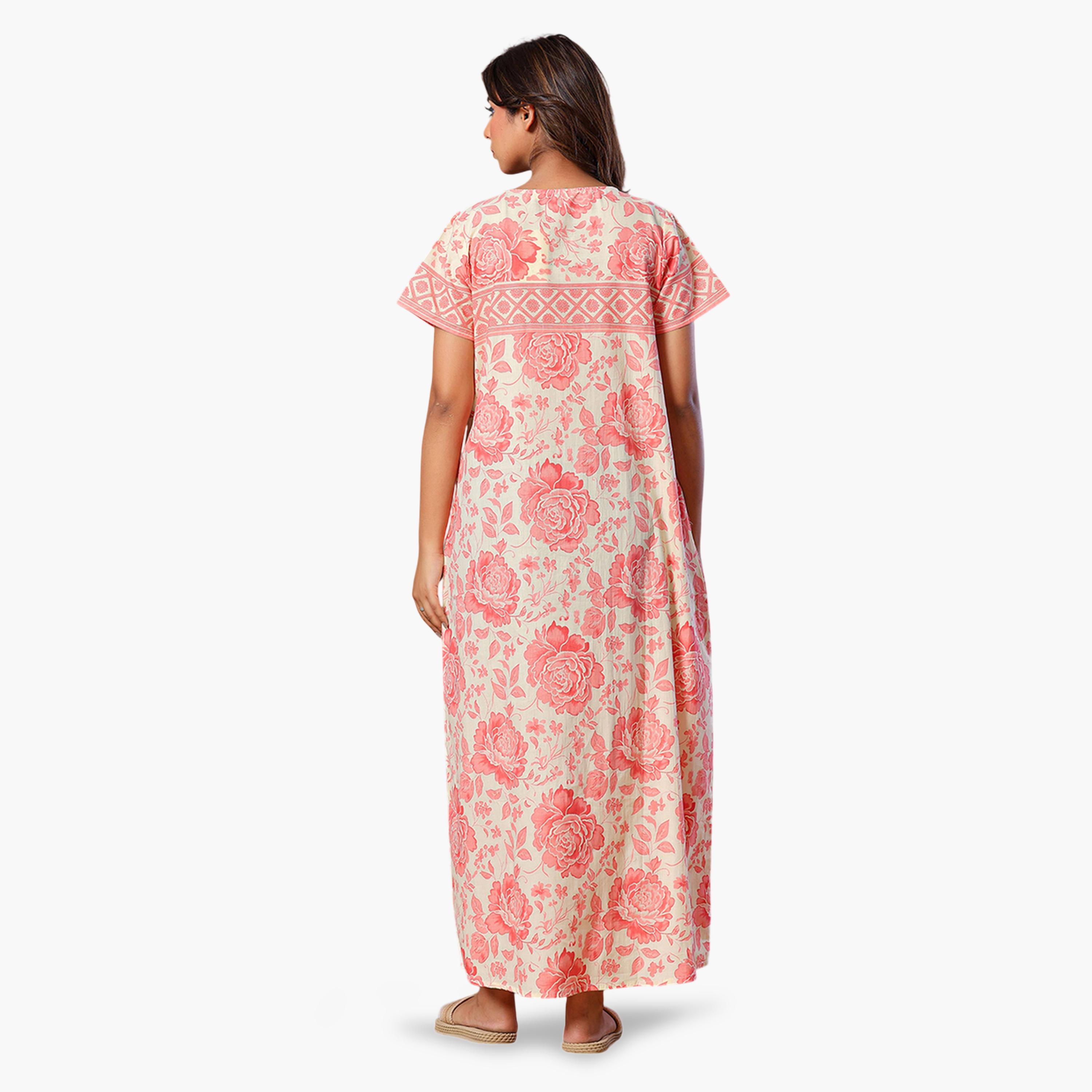 قميص نوم قطن بأكمام قصيرة وطبعة زهور وردي-women-clothing-nightwear-nighties-image-5