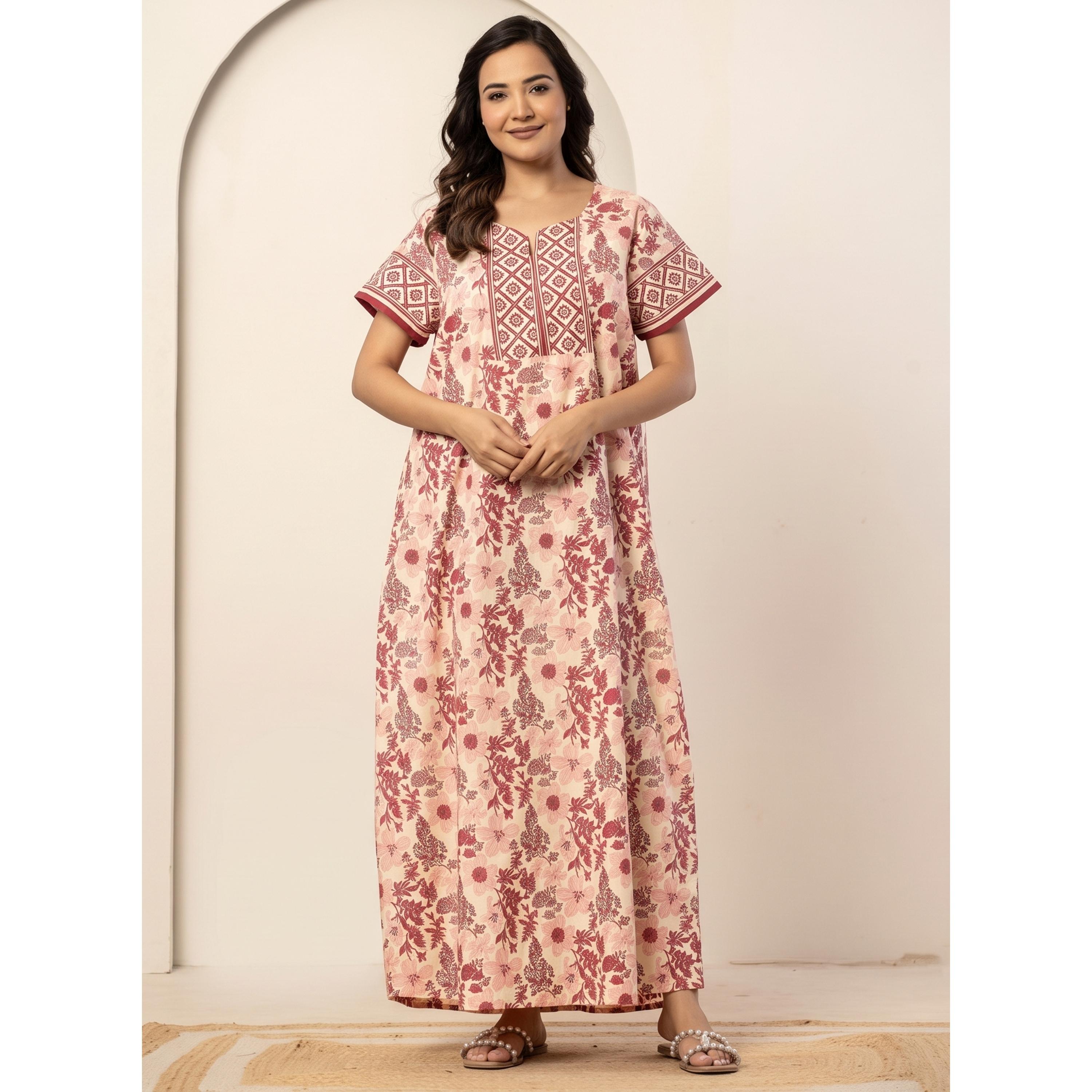 قميص نوم قطن بقصة مريحة وطبعة أزهار بلون وردي-women-clothing-nightwear-nighties-image-1