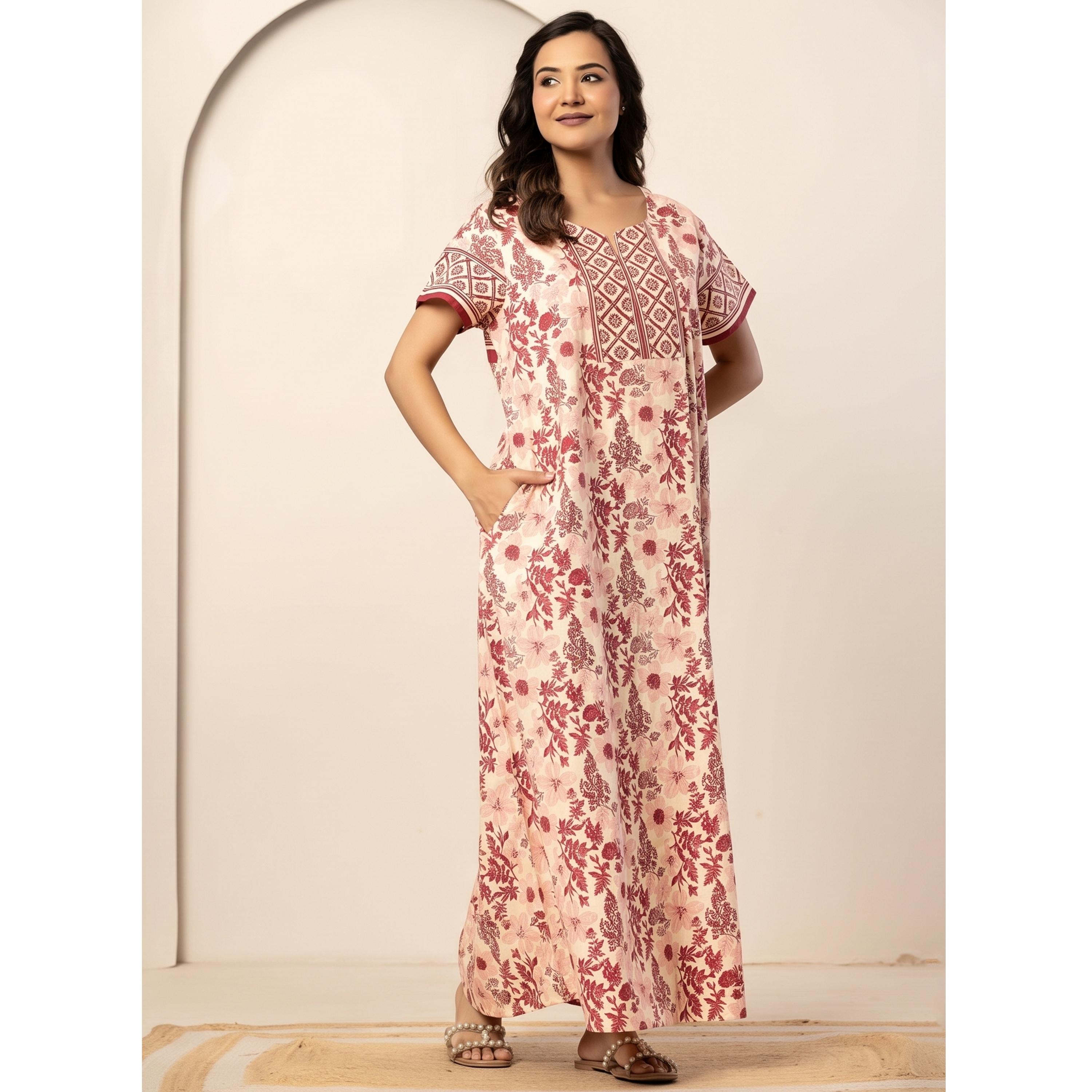قميص نوم قطن بقصة مريحة وطبعة أزهار بلون وردي-women-clothing-nightwear-nighties-image-2
