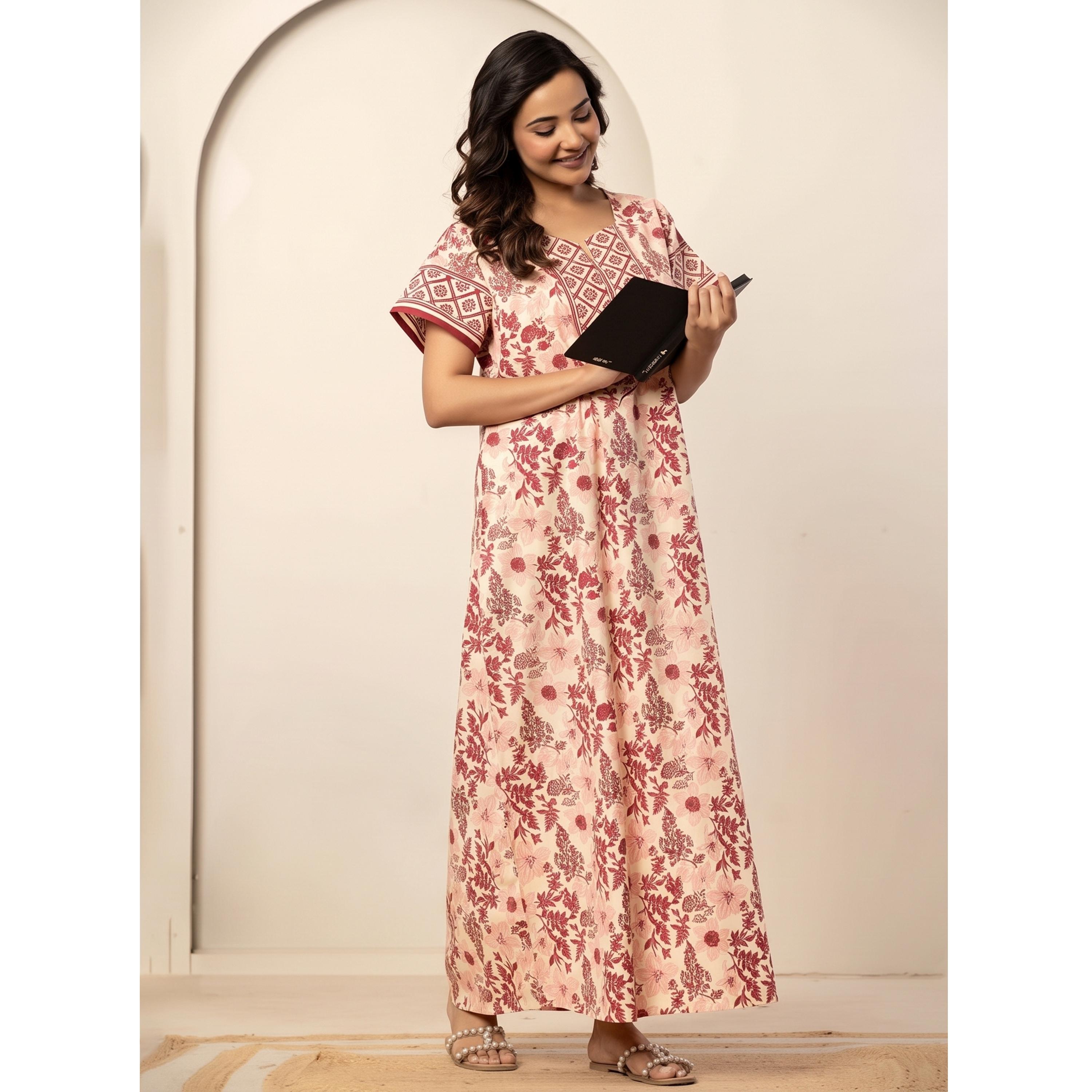 قميص نوم قطن بقصة مريحة وطبعة أزهار بلون وردي-women-clothing-nightwear-nighties-image-3