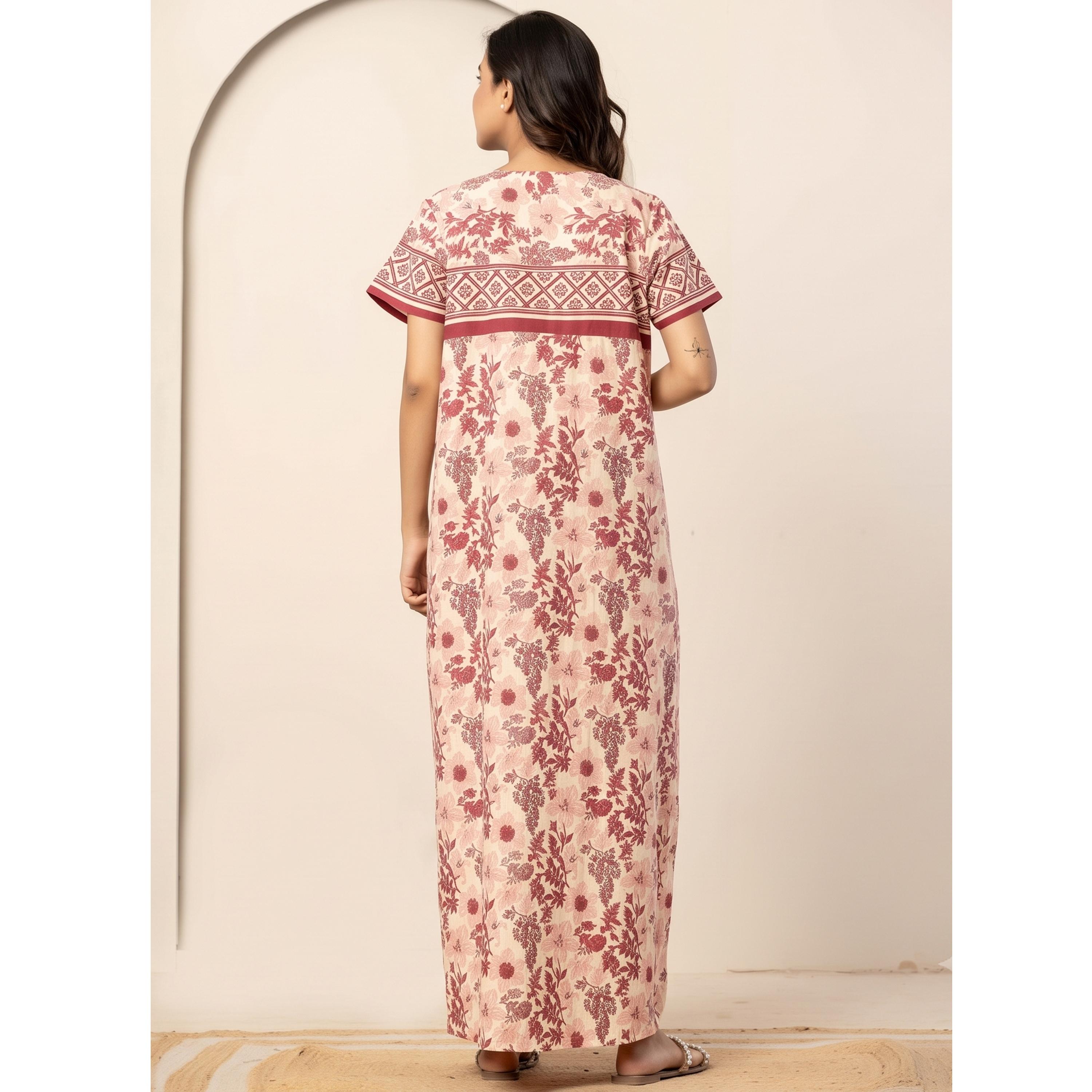 قميص نوم قطن بقصة مريحة وطبعة أزهار بلون وردي-women-clothing-nightwear-nighties-image-4