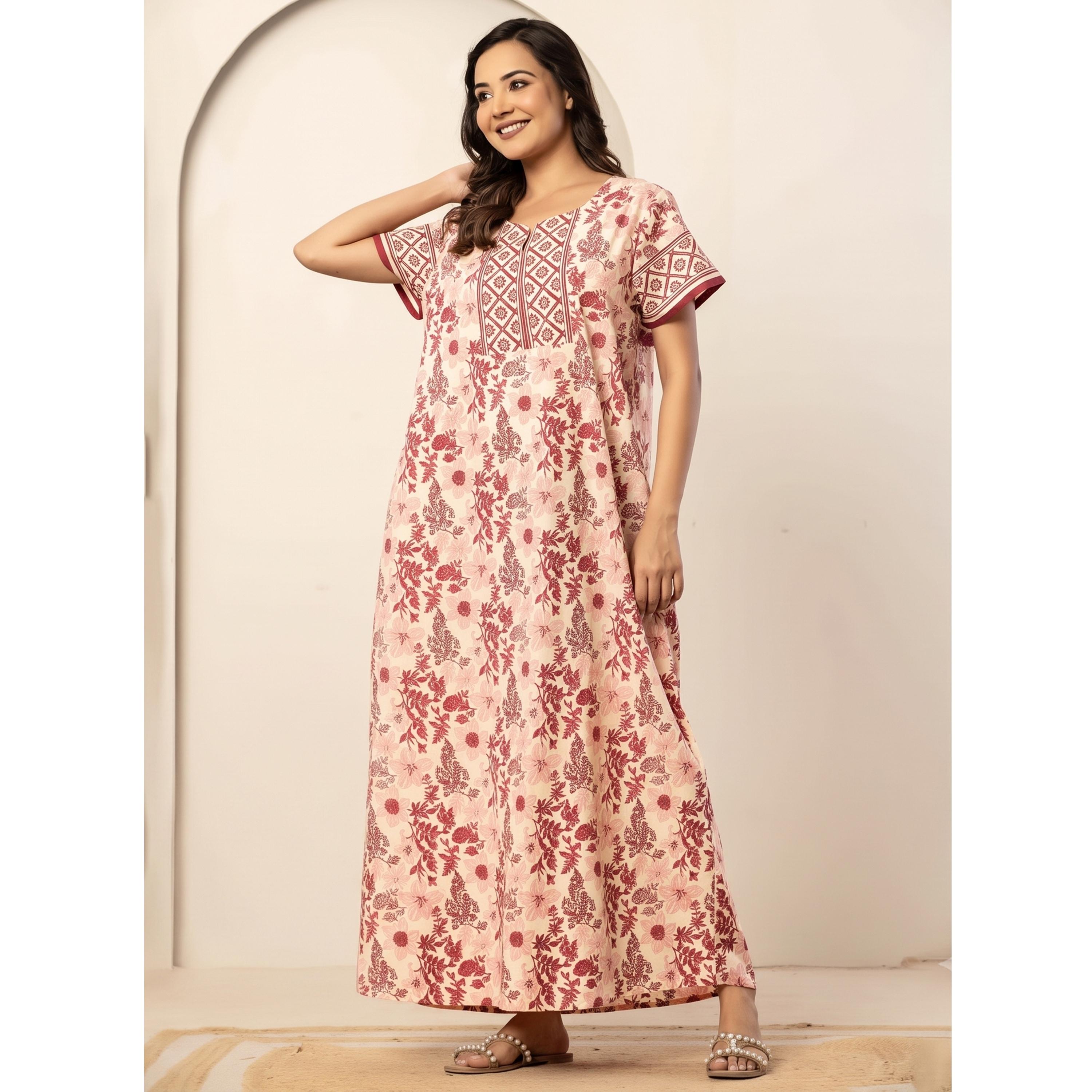 قميص نوم قطن بقصة مريحة وطبعة أزهار بلون وردي-women-clothing-nightwear-nighties-image-5