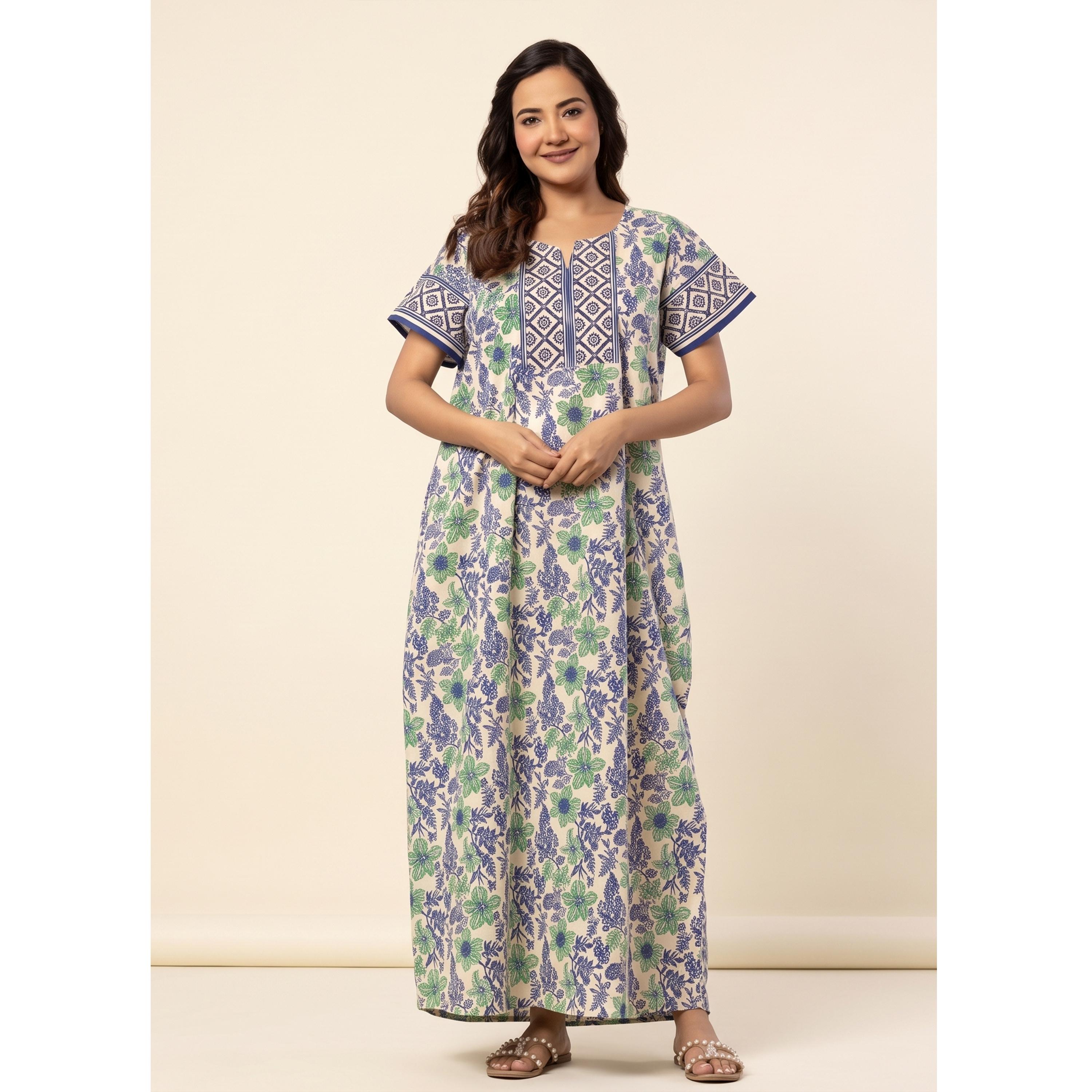 قميص نوم قطن بأكمام قصيرة وطبعة أزهار بلون أزرق-women-clothing-nightwear-nighties-image-1